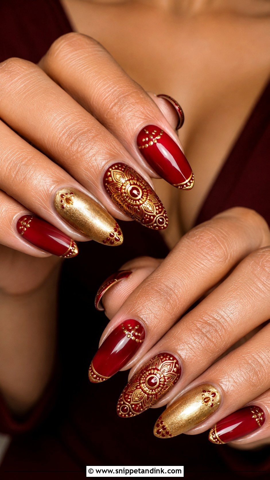 Indian Red Gold Bridal Nails With Mandala Art - Snippet and Ink - 20 Indian Red Gold Bridal Nail Art Designs