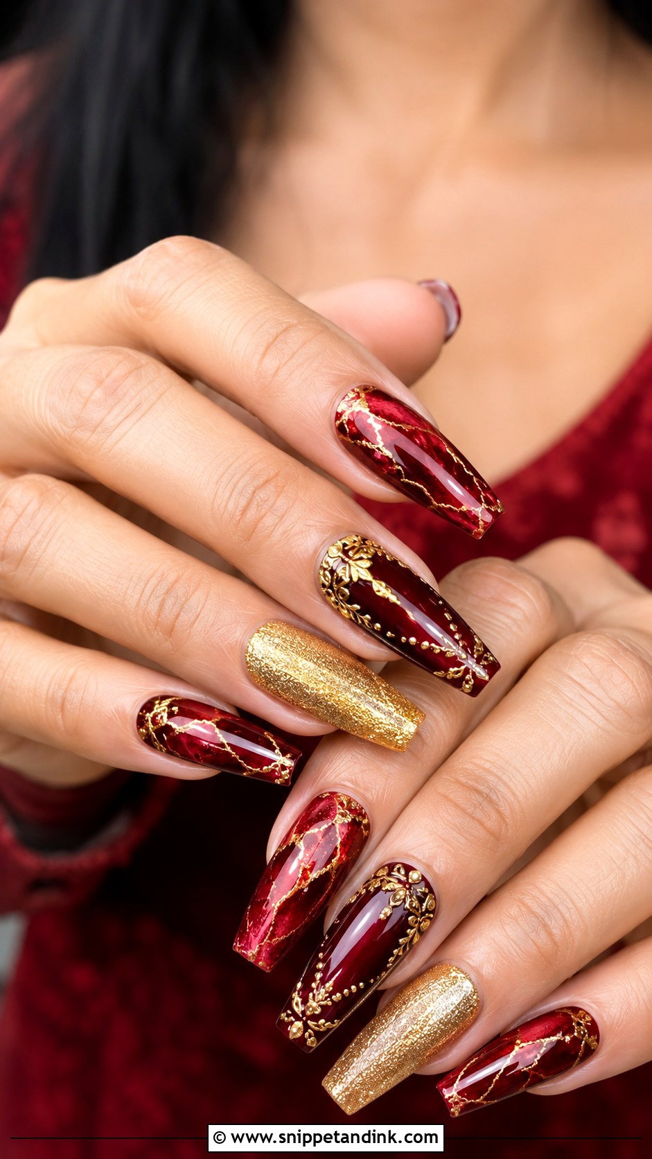 Indian Red Gold Bridal Nails With Marble Accent - Snippet and Ink - 20 Indian Red Gold Bridal Nail Art Designs