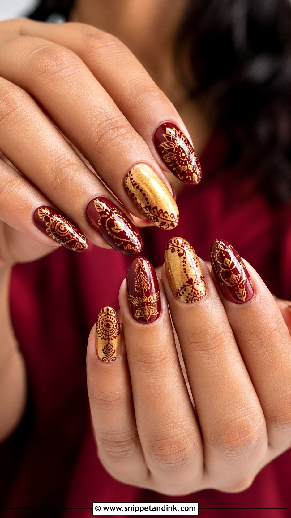 Indian Red Gold Bridal Nails With Mehndi Art - Snippet and Ink - 20 Indian Red Gold Bridal Nail Art Designs