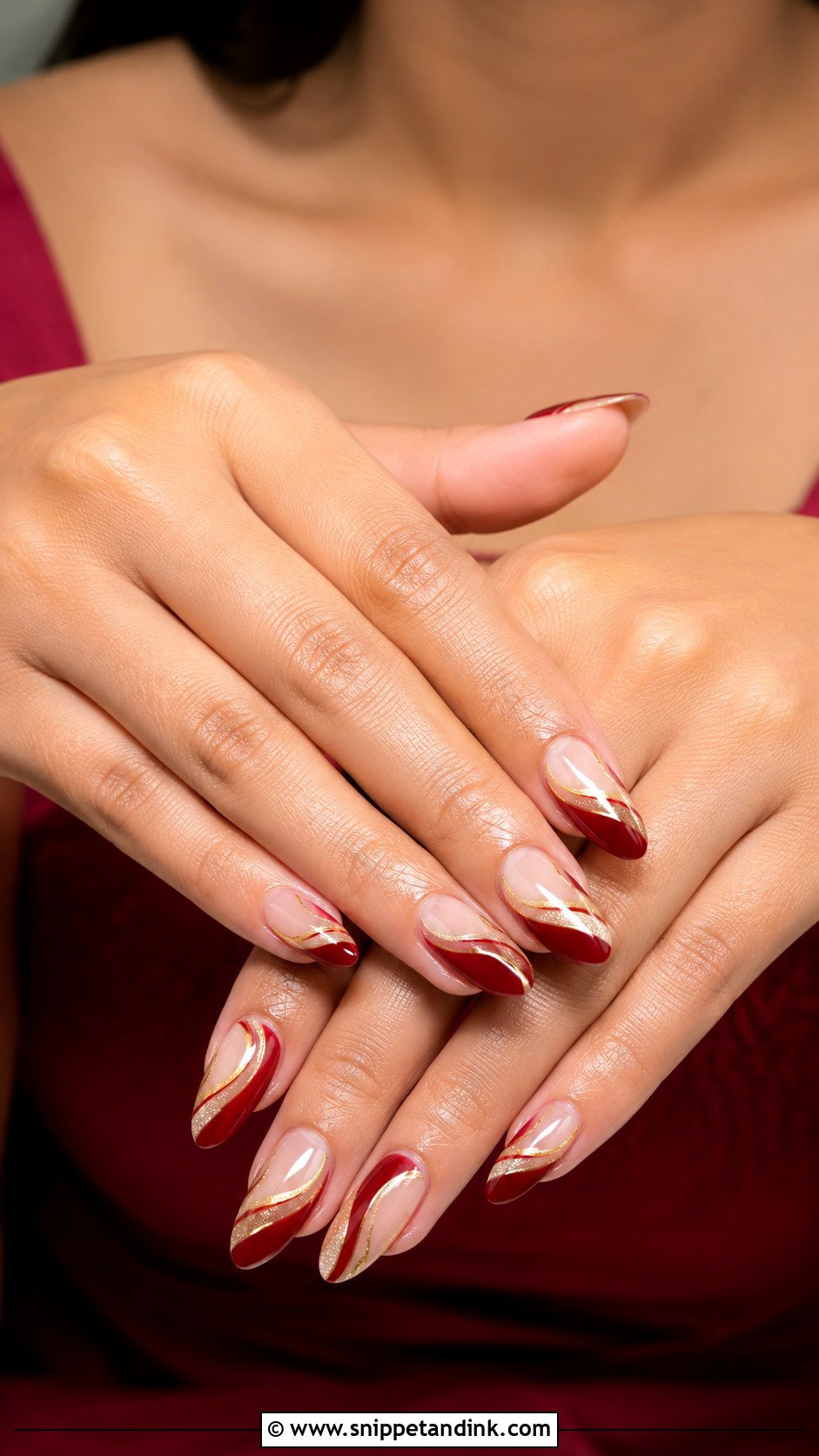 Indian Red Gold Bridal Nails With Negative Space - Snippet and Ink - 20 Indian Red Gold Bridal Nail Art Designs