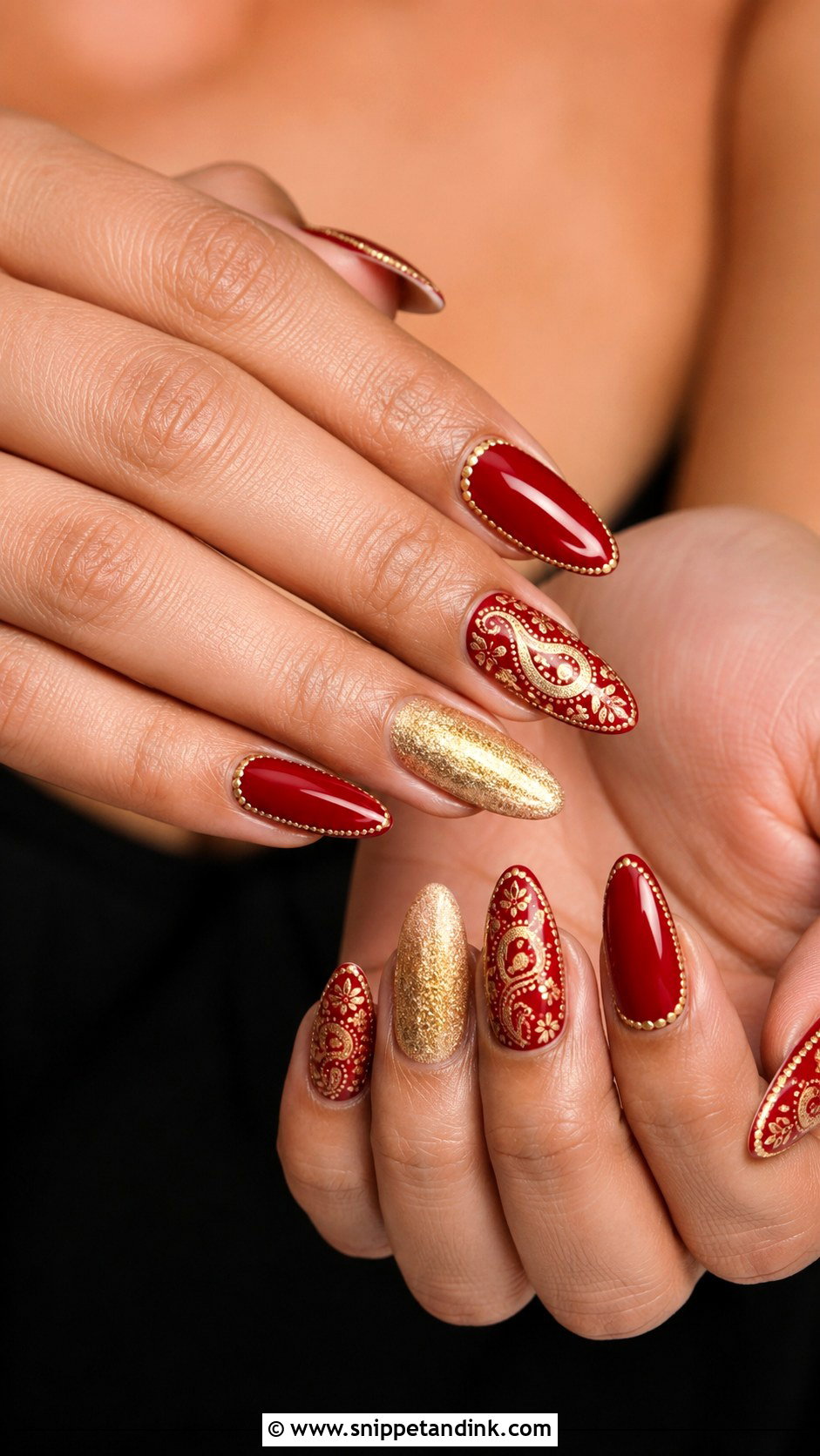 Indian Red Gold Bridal Nails With Paisley Design - Snippet and Ink - 20 Indian Red Gold Bridal Nail Art Designs