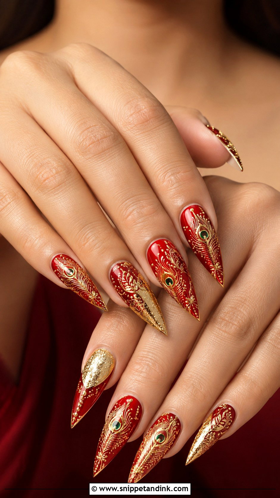 Indian Red Gold Bridal Nails With Peacock Art - Snippet and Ink - 20 Indian Red Gold Bridal Nail Art Designs