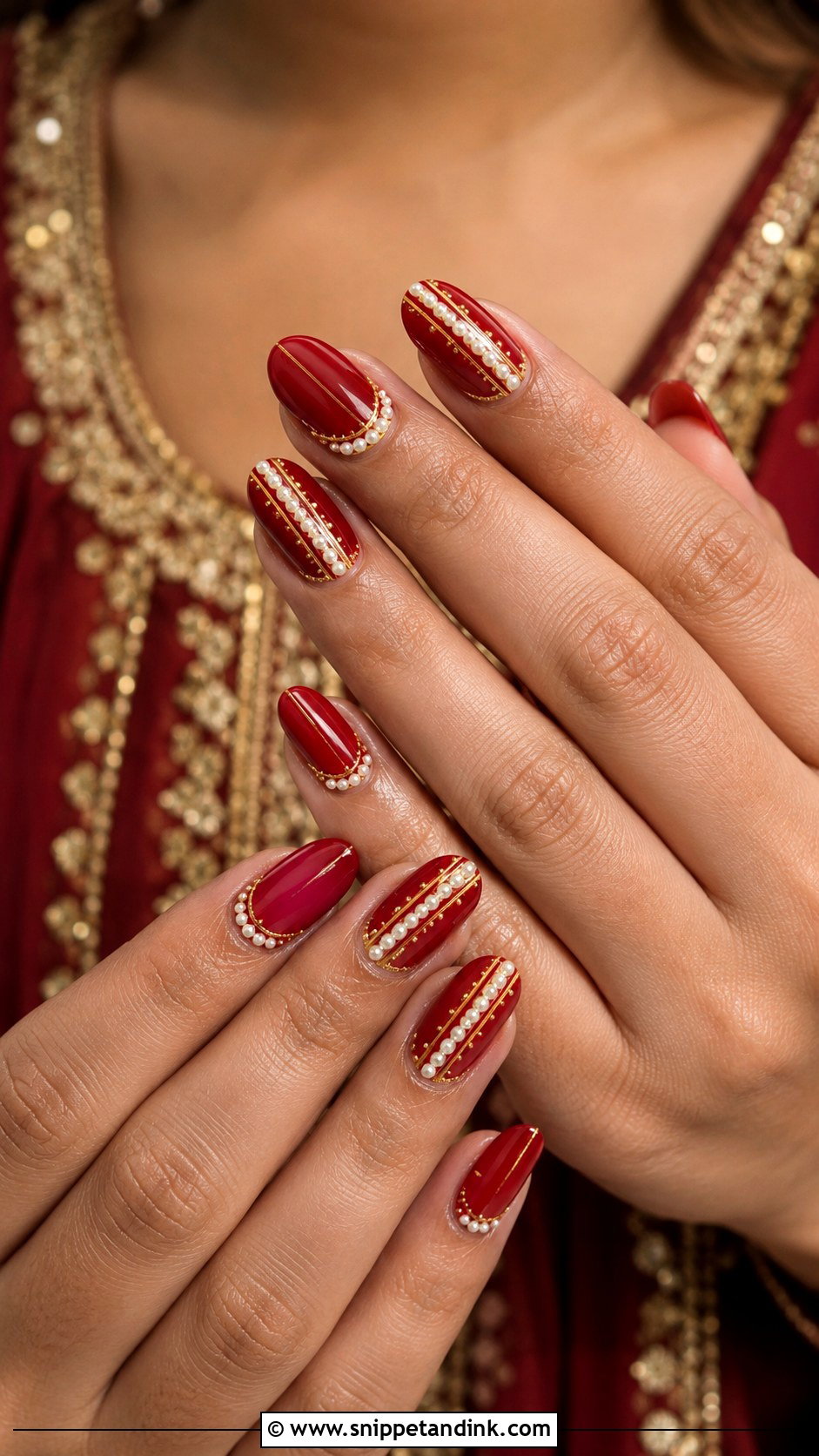 Indian Red Gold Bridal Nails With Pearl Details - Snippet and Ink - 20 Indian Red Gold Bridal Nail Art Designs