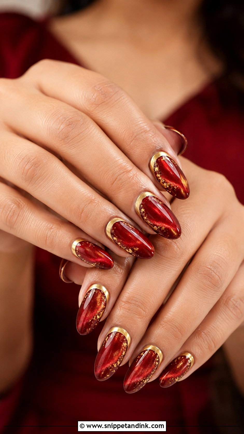 Indian Red Gold Bridal Nails With Red Cat Eye Finish - Snippet and Ink - 20 Indian Red Gold Bridal Nail Art Designs