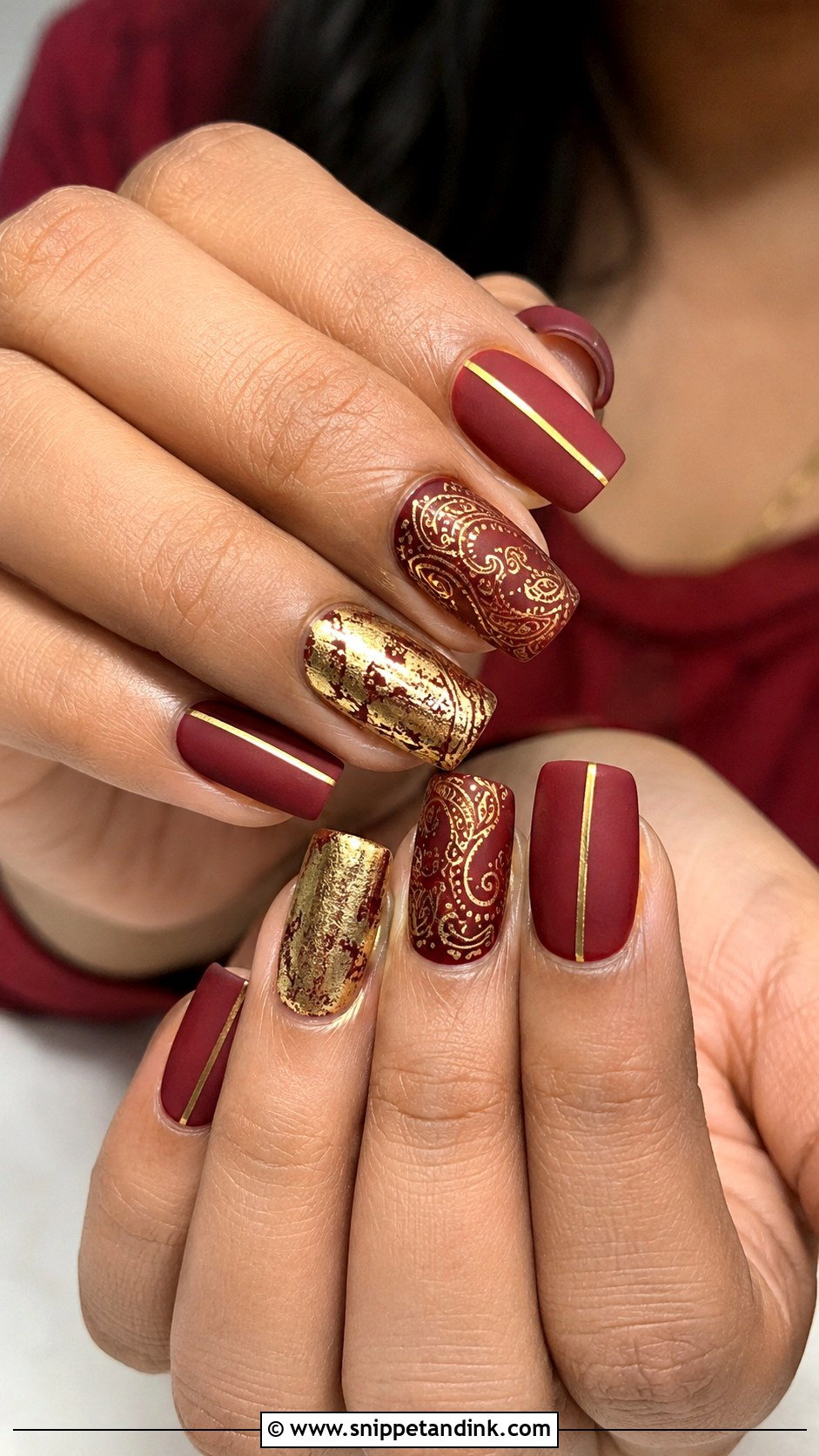 Indian Red Gold Bridal Nails With Red Matte Finish - Snippet and Ink - 20 Indian Red Gold Bridal Nail Art Designs