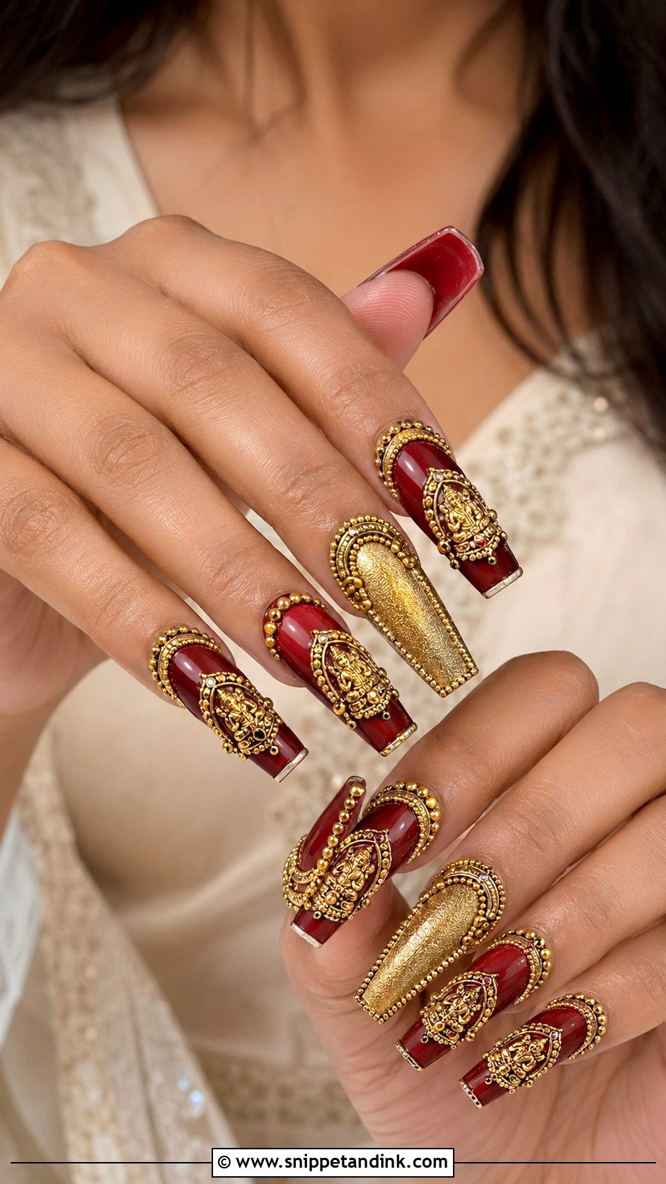 Indian Red Gold Bridal Nails With Temple Jewelry Art - Snippet and Ink - 20 Indian Red Gold Bridal Nail Art Designs