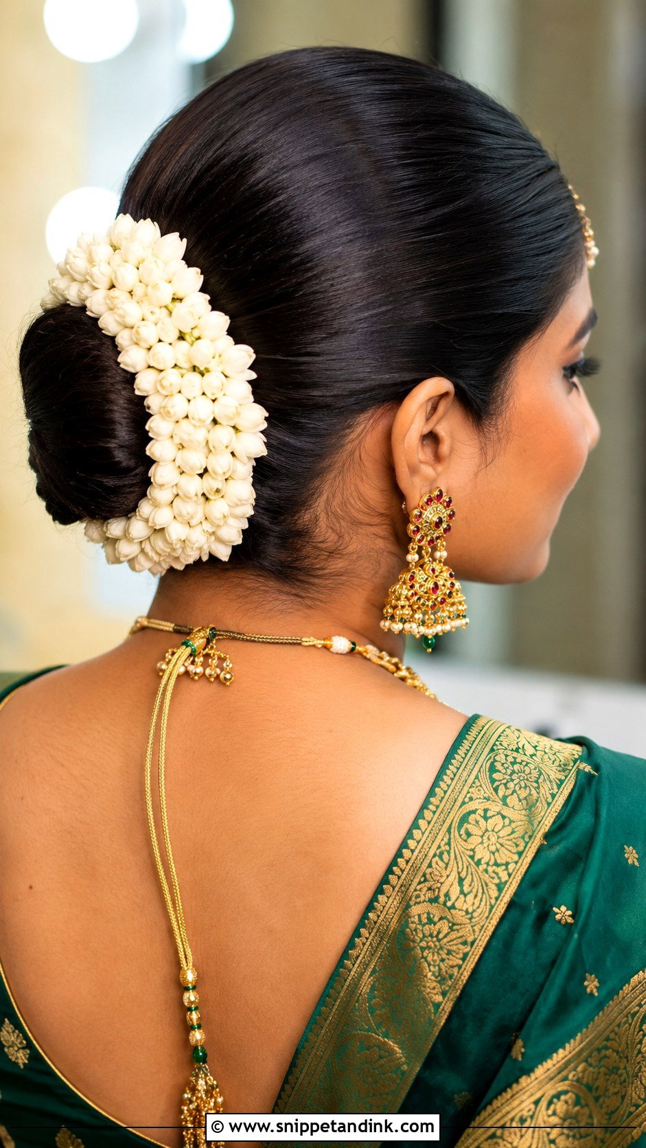 Indian Straight Hair Bun With Gajra - Snippet and Ink - 20 Indian Straight Hair Styles for Wedding