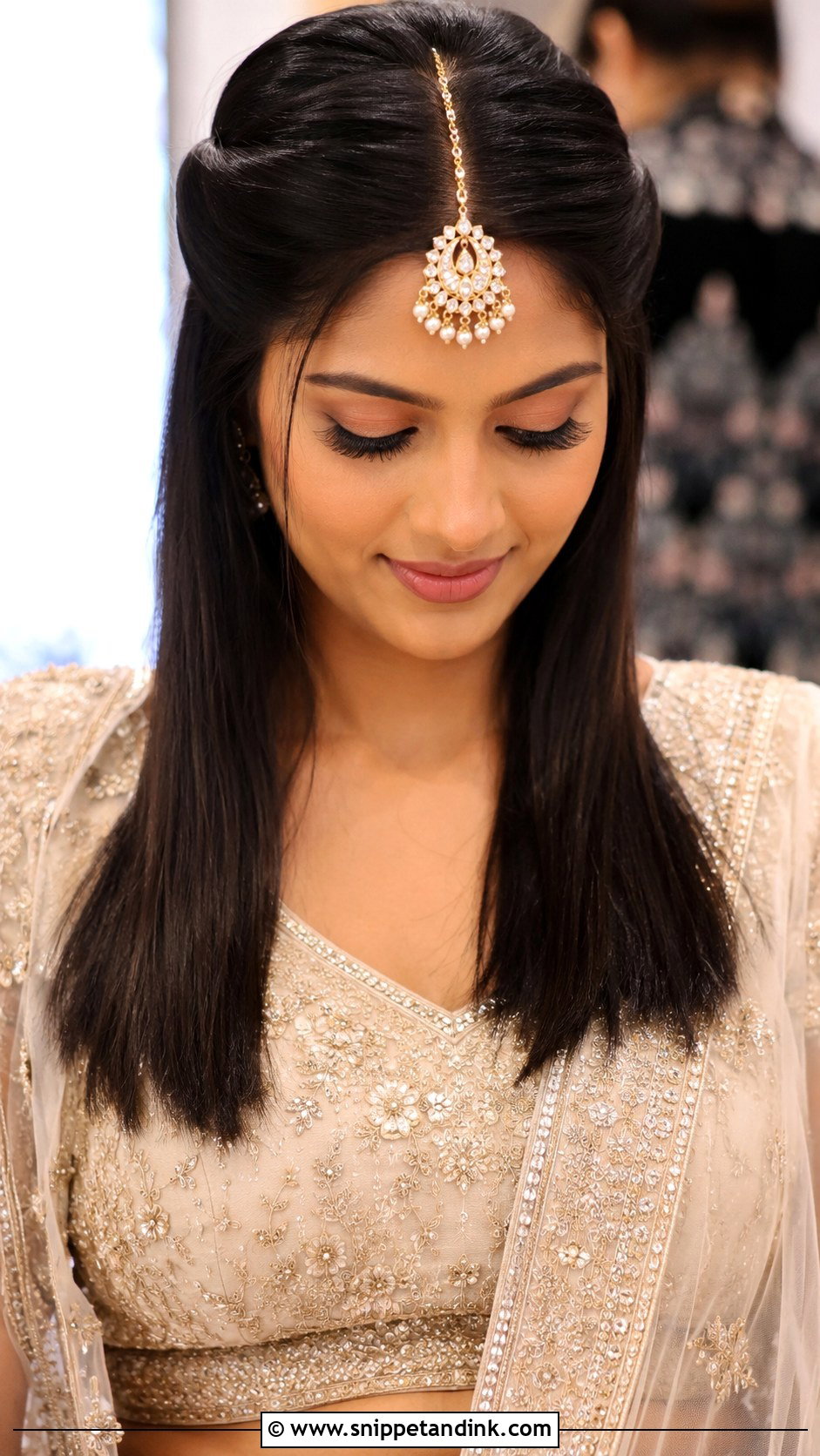 Indian Straight Hair Half Up With Maang Tikka - Snippet and Ink - 20 Indian Straight Hair Styles for Wedding