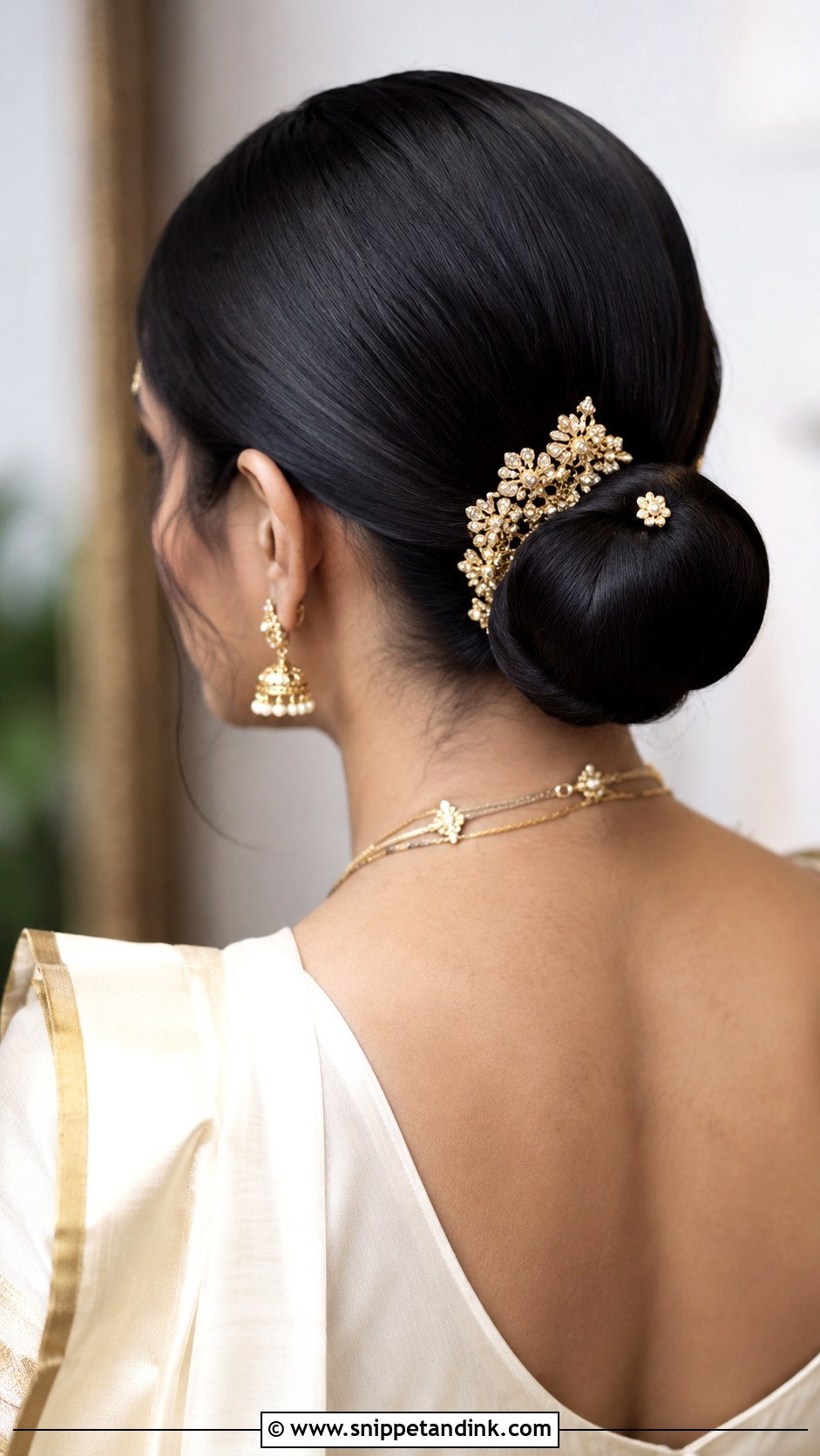 Indian Straight Hair Low Bun - Snippet and Ink - 20 Indian Straight Hair Styles for Wedding
