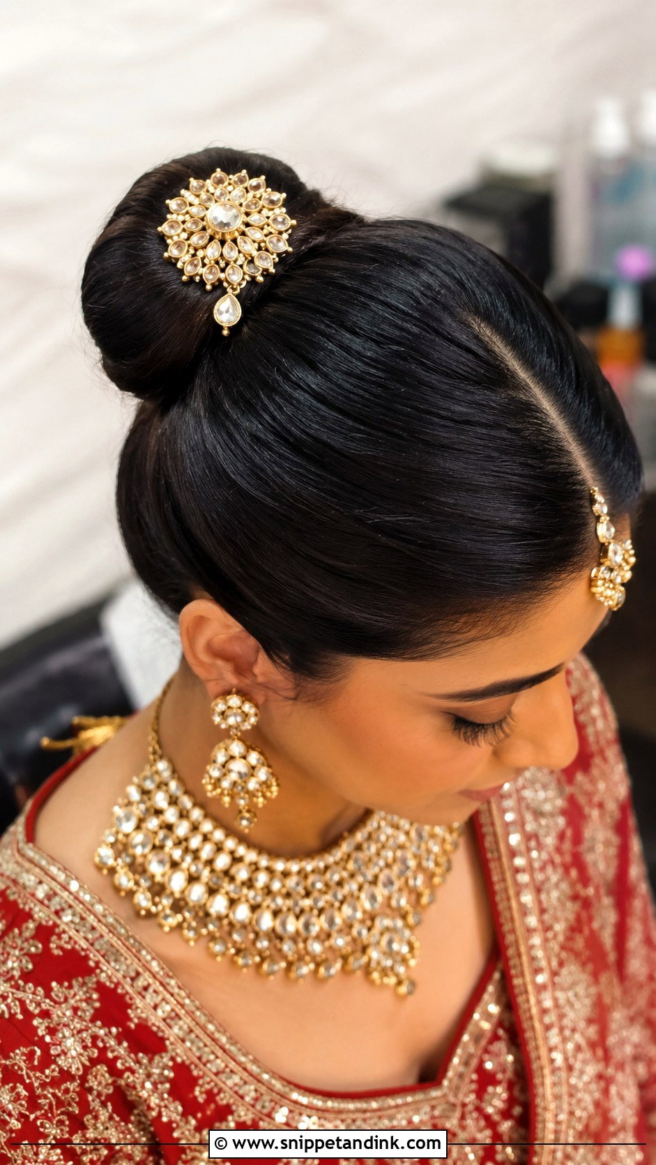 Indian Wedding Bun With Kundan Accessory - Snippet and Ink - 15 Indian Wedding Hair Bun Ideas