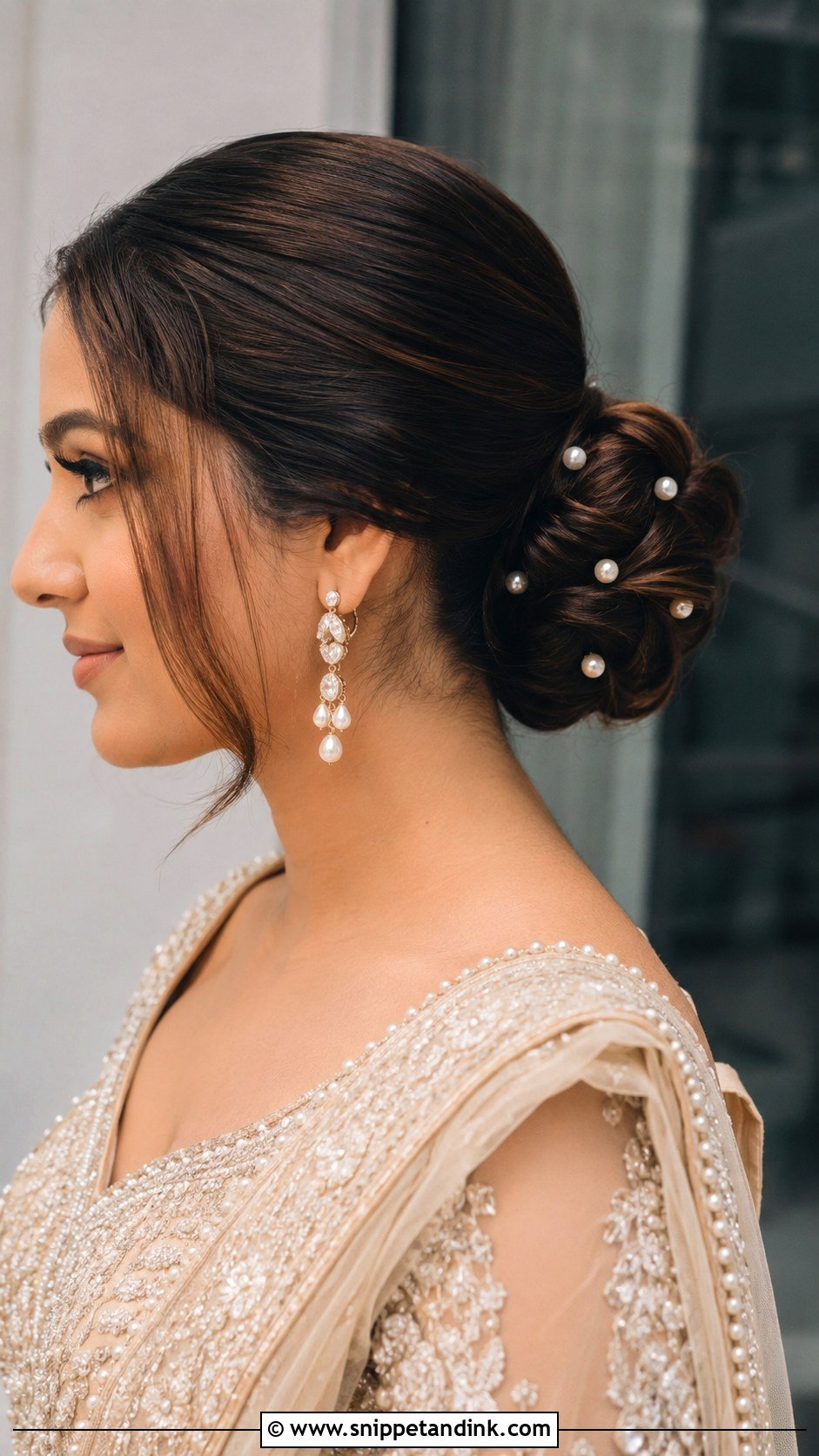 Indian Wedding Bun With Pearl Pins - Snippet and Ink - 15 Indian Wedding Hair Bun Ideas