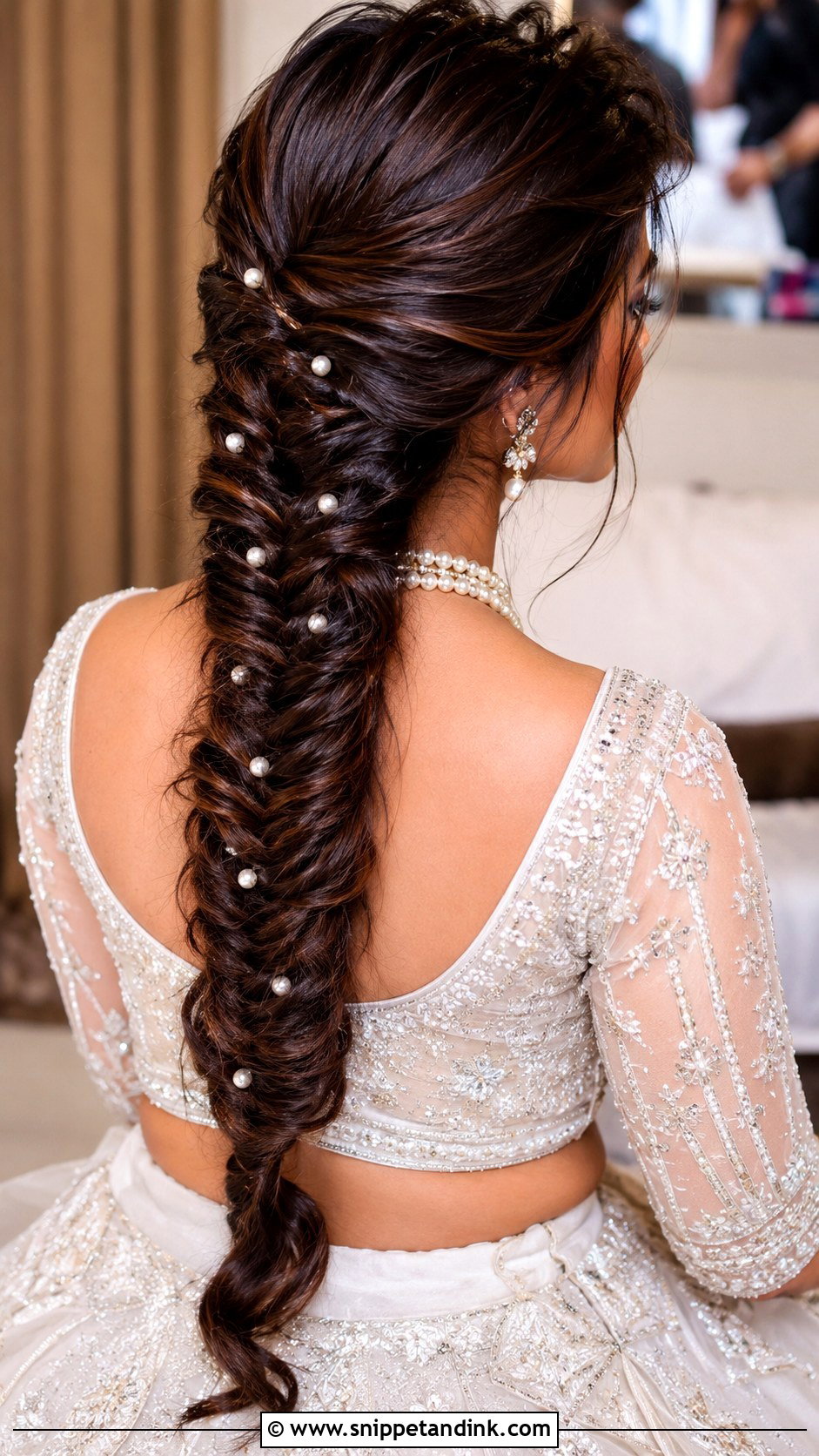 Indian Wedding Fishtail Braid With Pearls - Snippet and Ink - 20 Indian Wedding Fish Braid Hairstyles
