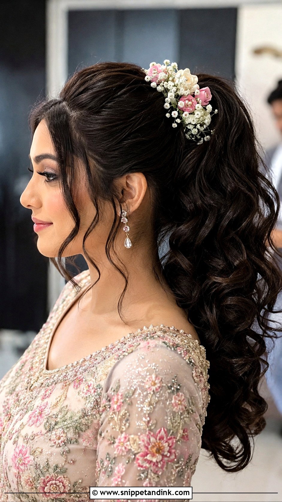 Indian Wedding High Pony With Curls And Flowers - Snippet and Ink - 15 Indian Wedding High Pony Hairstyles
