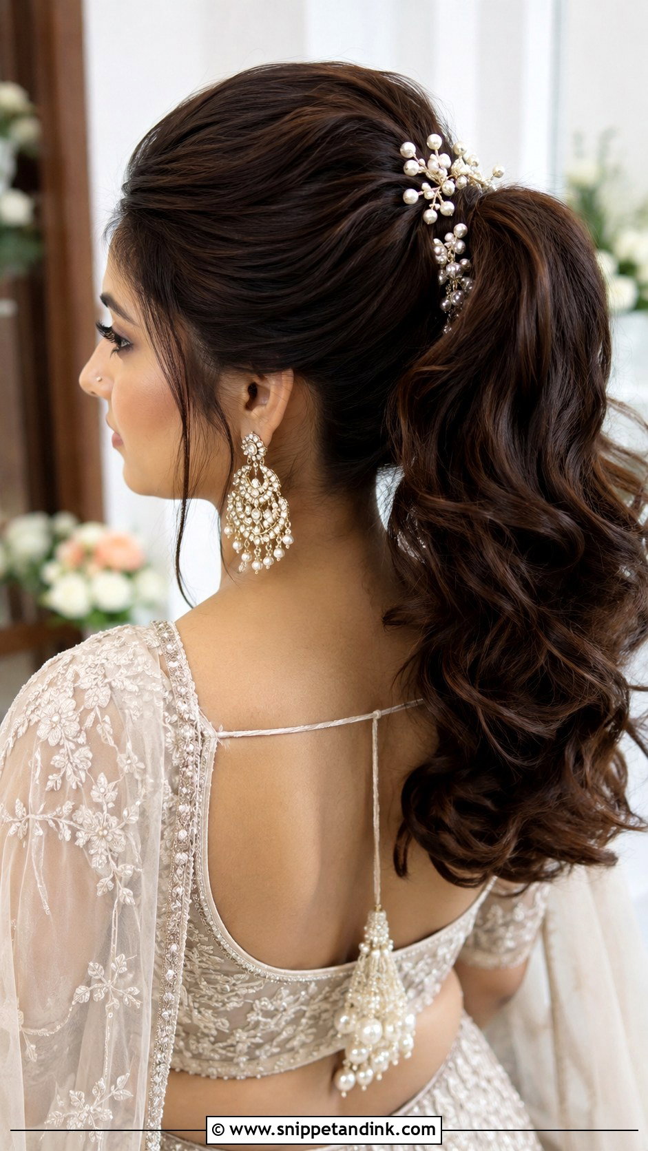 Indian Wedding High Pony With Pearl Pins - Snippet and Ink - 15 Indian Wedding High Pony Hairstyles