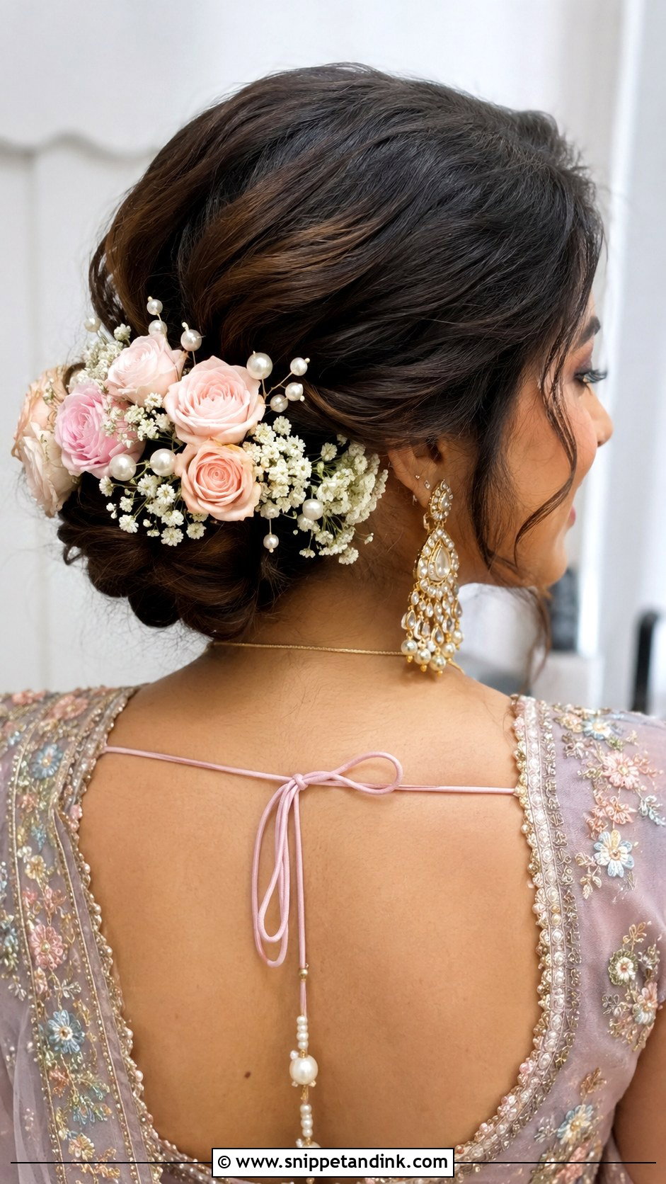 Indian Wedding Low Bun With Flowers - Snippet and Ink - 15 Indian Hairstyles for Women Wedding