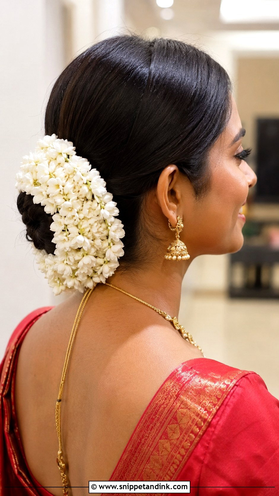 Indian Wedding Low Bun With Gajra - Snippet and Ink - 15 Indian Wedding Hair Bun Ideas