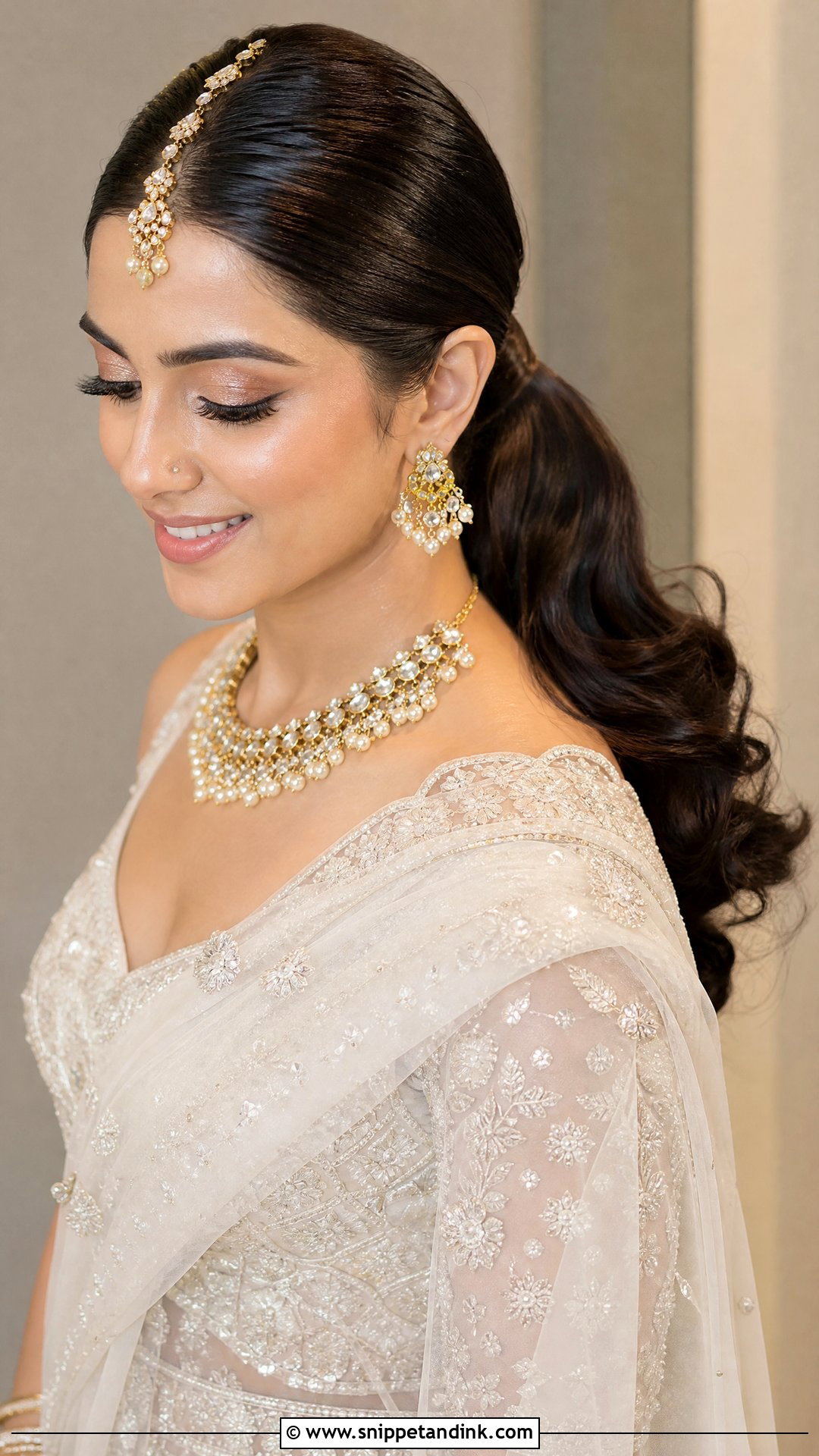 Indian Wedding Low Ponytail With Maang Tikka - Snippet and Ink - 20 Simple Indian Wedding Hairstyles