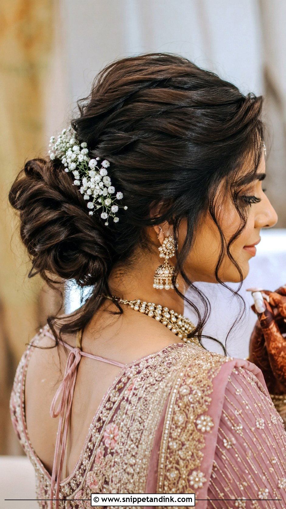 Indian Wedding Messy Bun With Soft Front Curls - Snippet and Ink - 20 Front Look Hairstyle for Indian Wedding Ideas