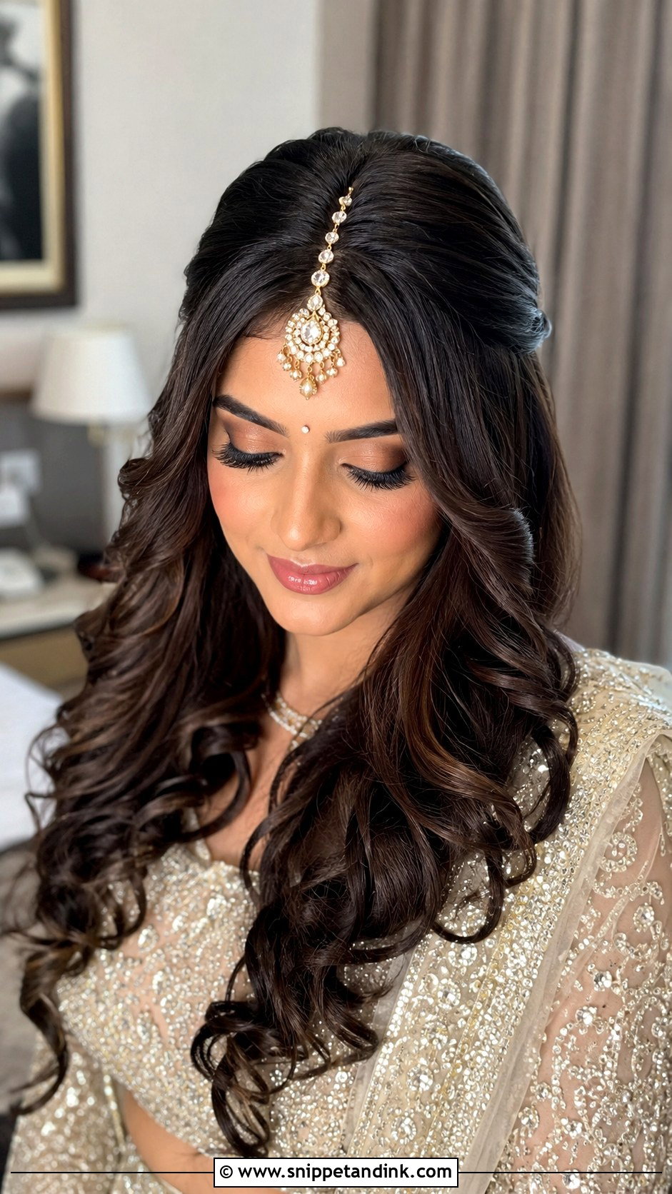 Indian Wedding Open Curls With Maang Tikka - Snippet and Ink - 15 Indian Hairstyles for Women Wedding