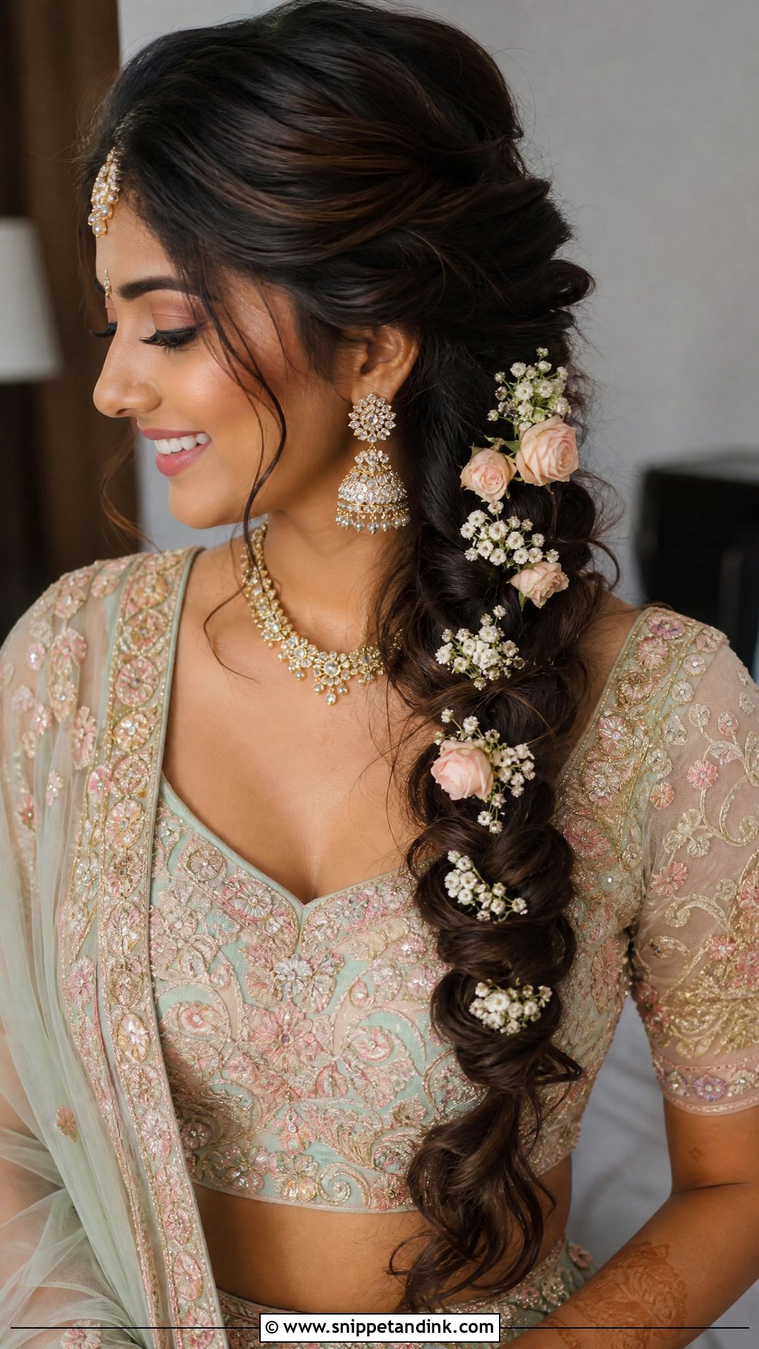 Indian Wedding Side Braid With Flowers - Snippet and Ink - 20 Simple Indian Wedding Hairstyles