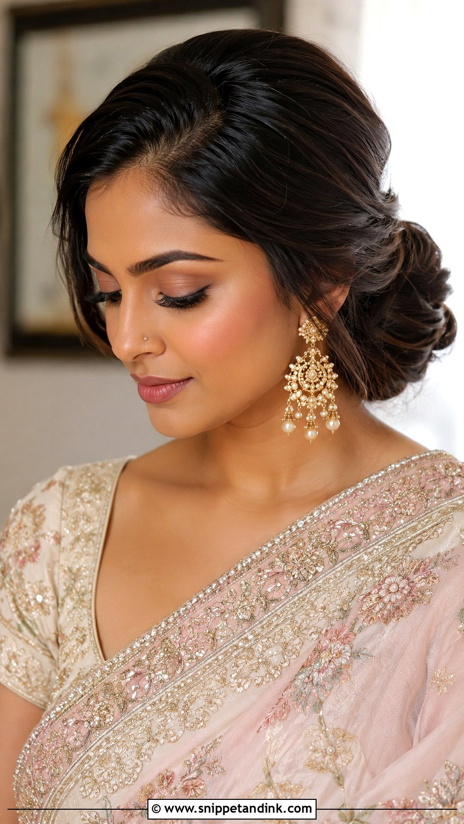 Indian Wedding Side Part Low Bun - Snippet and Ink - 20 Front Look Hairstyle for Indian Wedding Ideas