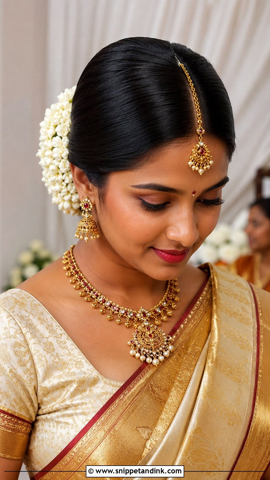 Indian Wedding Sleek Bun With Gajra - Snippet and Ink - 20 Front Look Hairstyle for Indian Wedding Ideas