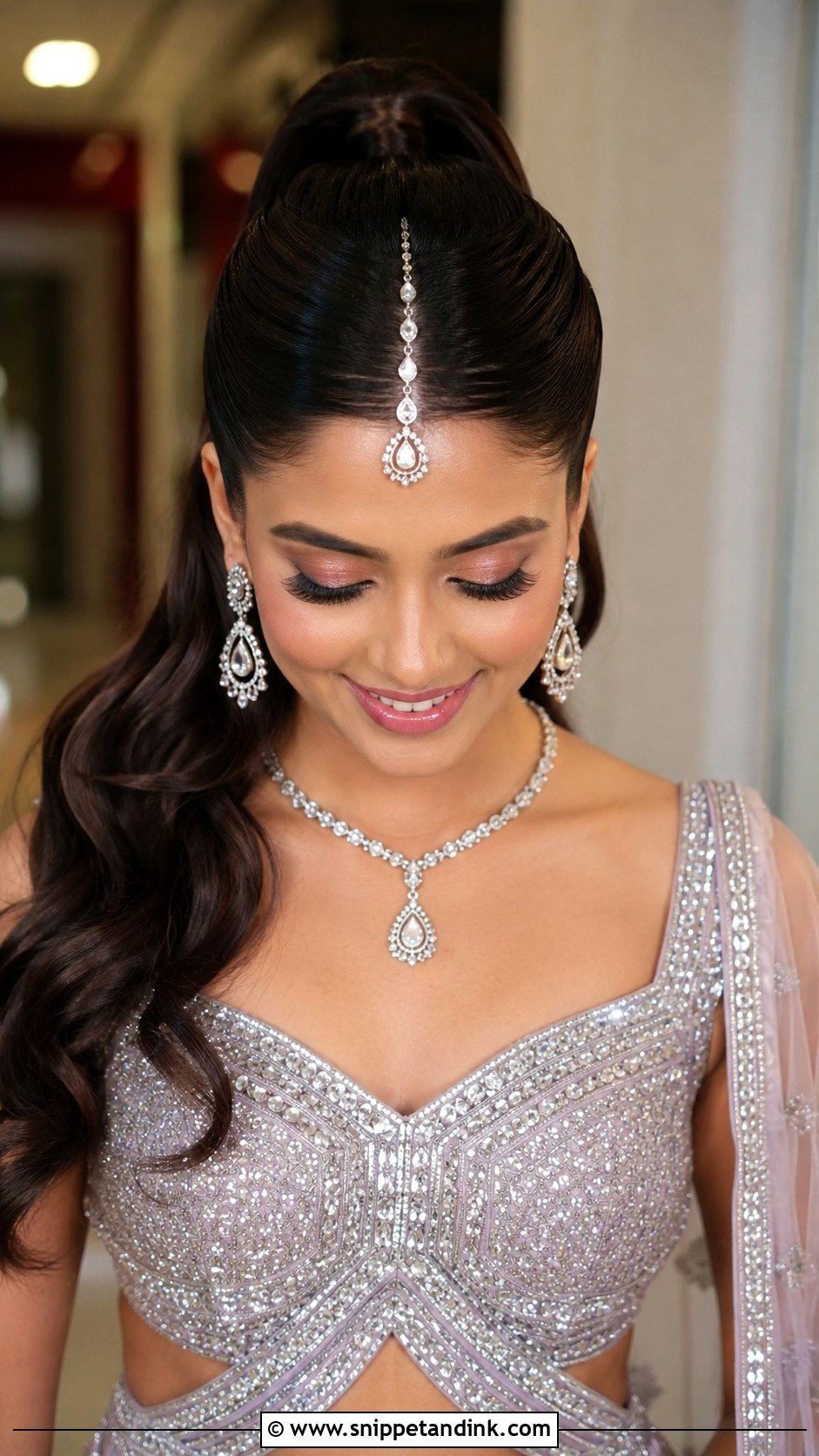 Indian Wedding Sleek Ponytail With Maang Tikka - Snippet and Ink - 20 Front Look Hairstyle for Indian Wedding Ideas