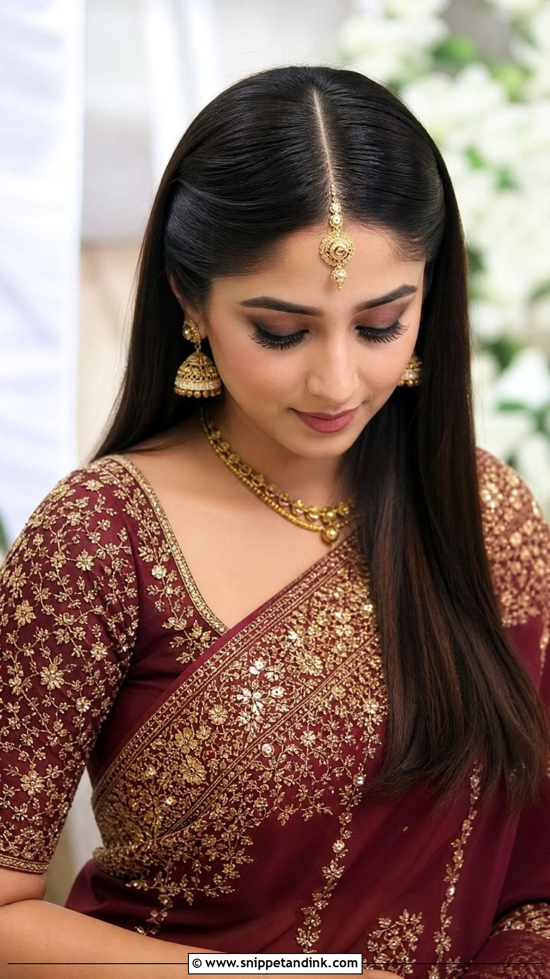 Indian Wedding Straight Hair With Center Part - Snippet and Ink - 20 Simple Indian Wedding Hairstyles