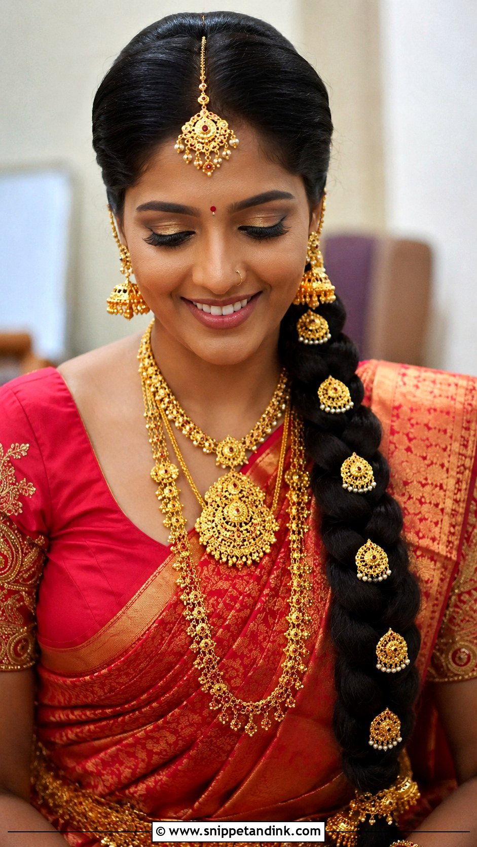 Indian Wedding Traditional Braid With Maang Tikka - Snippet and Ink - 20 Front Look Hairstyle for Indian Wedding Ideas