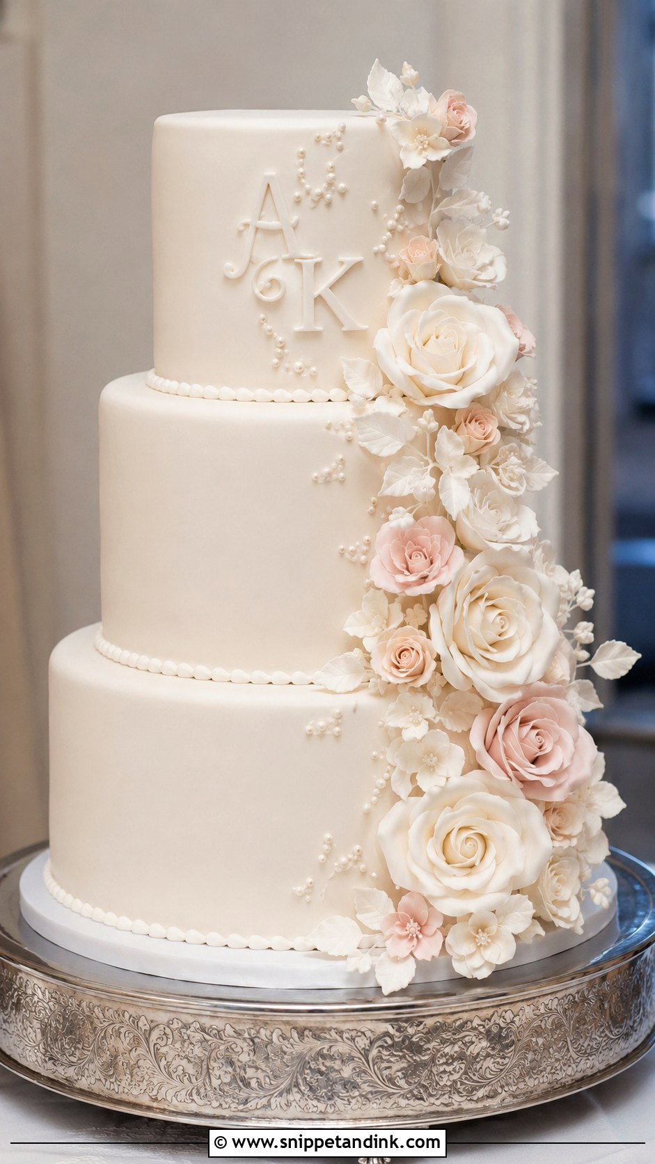 Initials With Sugar Flowers Cake - Snippet and Ink - 25 Initials on Wedding Cake Ideas