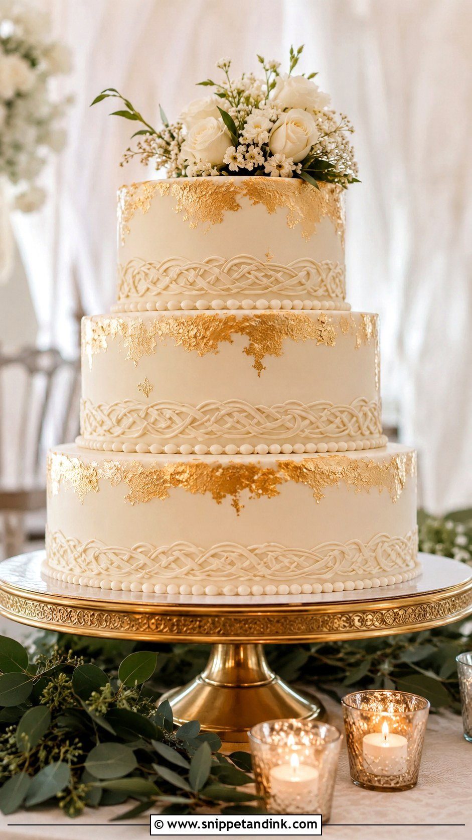 Irish Wedding Cake With Gold Accents - Snippet and Ink - 20 Irish Wedding Cake Ideas