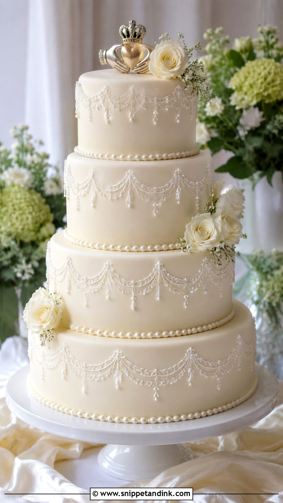 Irish Wedding Cake With Pearl Details - Snippet and Ink - 20 Irish Wedding Cake Ideas