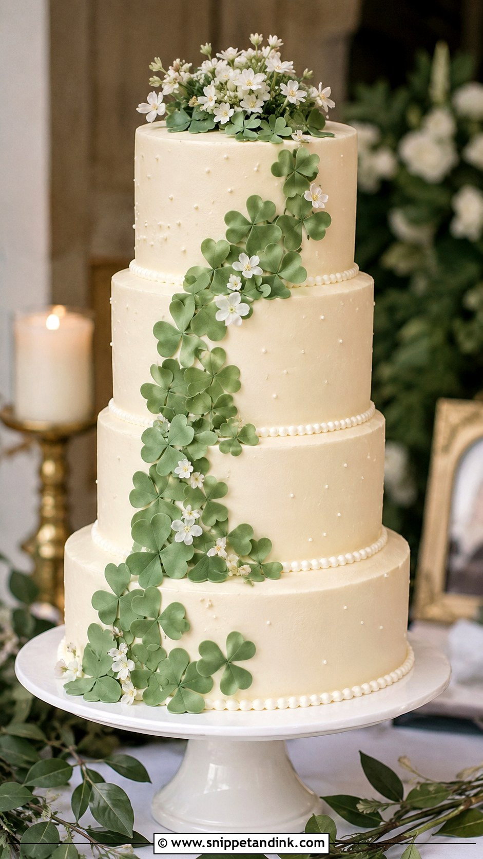 Irish Wedding Cake With Sugar Shamrock Cascade - Snippet and Ink - 20 Irish Wedding Cake Ideas