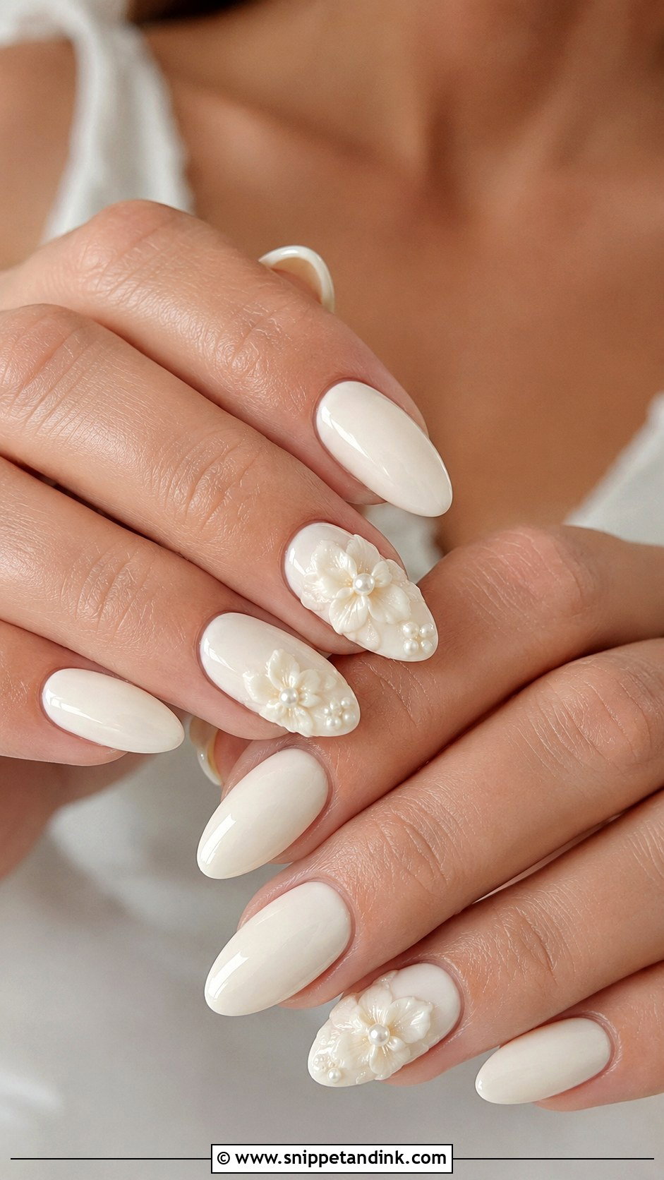 Ivory 3D Flower Wedding Nails - Snippet and Ink - 20 Ivory Wedding Nails