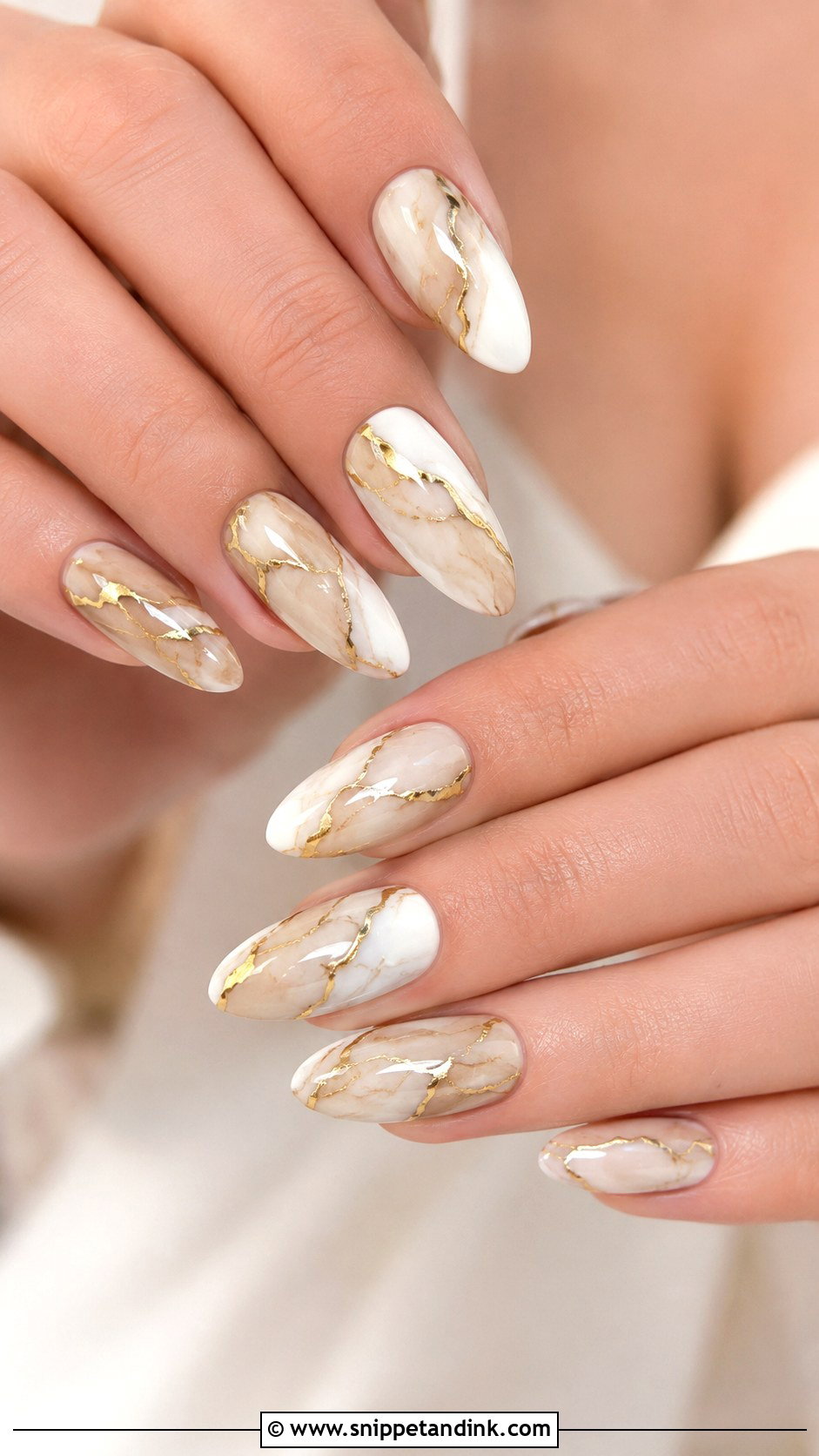 Ivory Bridal Nails With Gold Marble - Snippet and Ink - 20 Bridal Nails with Gold