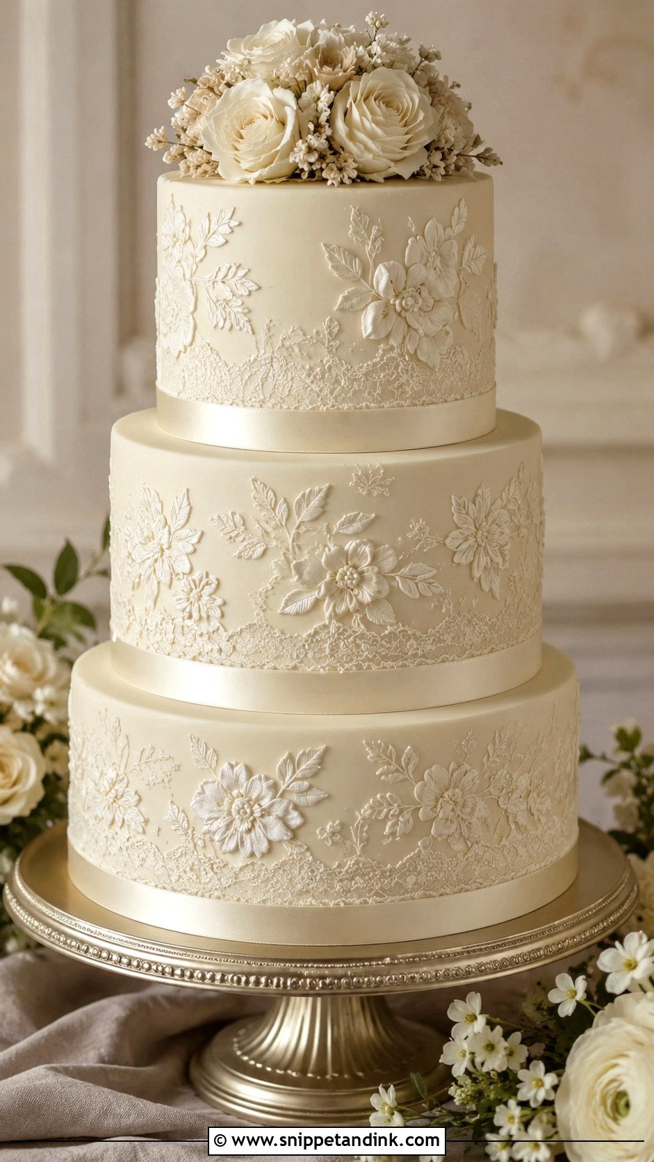 Ivory Brush Embroidery Wedding Cake - Snippet and Ink - 20 Brush Embroidery Wedding Cake Ideas