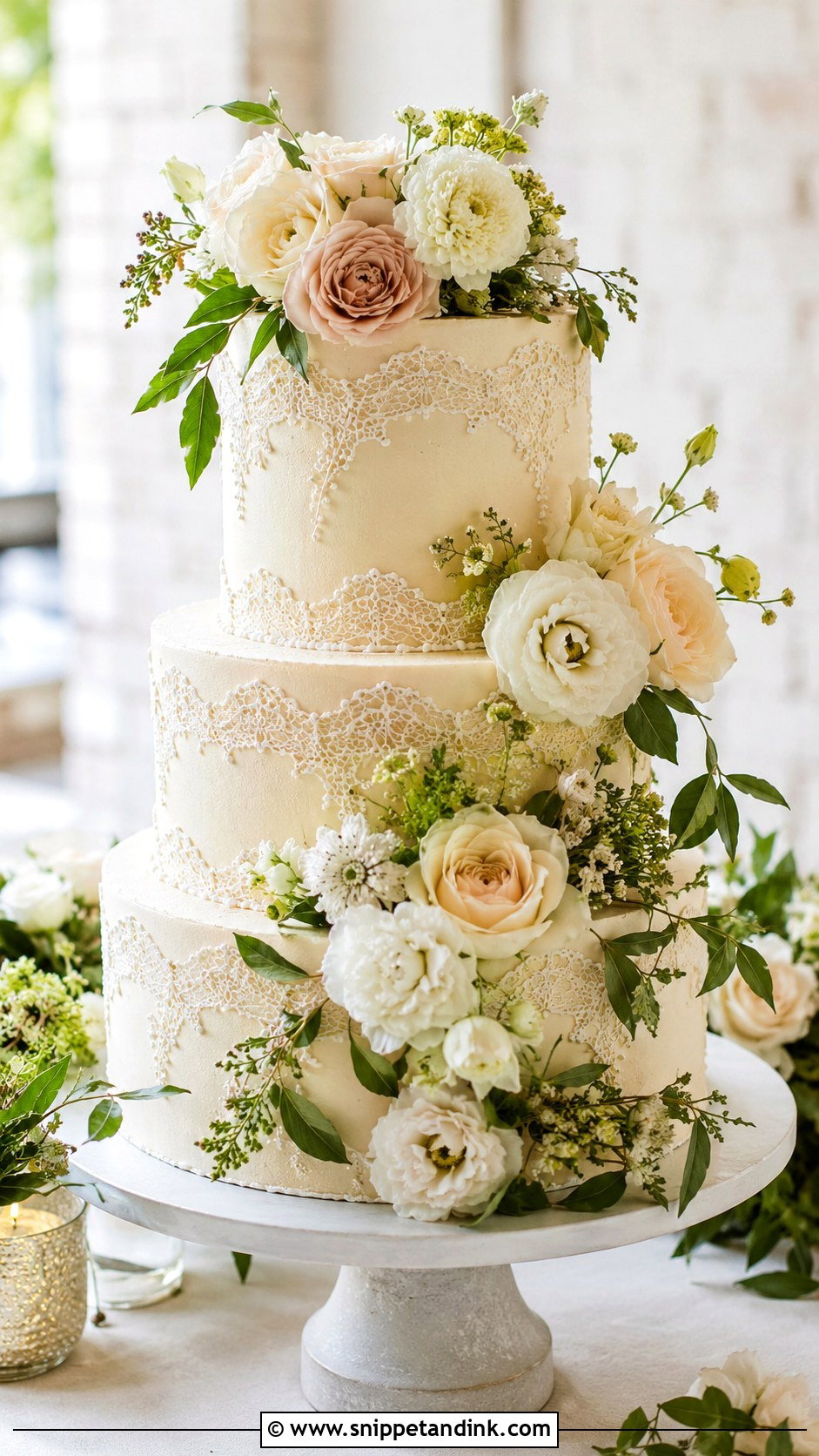 Ivory Lace Wedding Cake With Garden Flowers - Snippet and Ink - 25 Lace Wedding Cake Ideas with Flowers