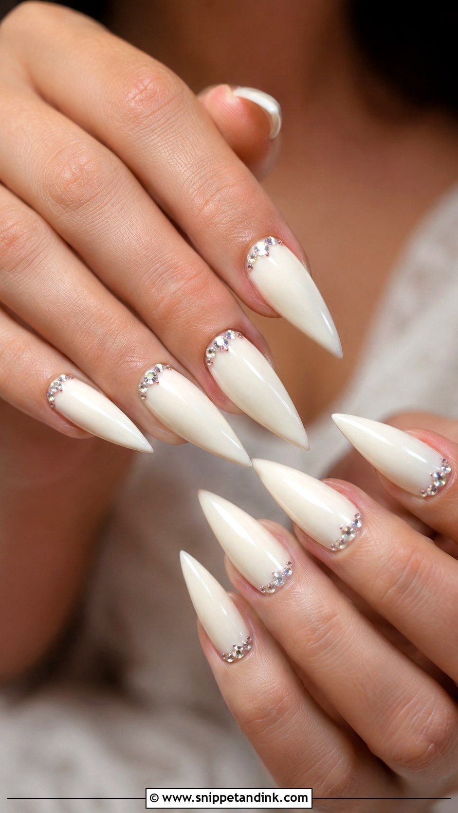 Ivory Stiletto Wedding Nails With Rhinestones - Snippet and Ink - 20 Stiletto Wedding Nails
