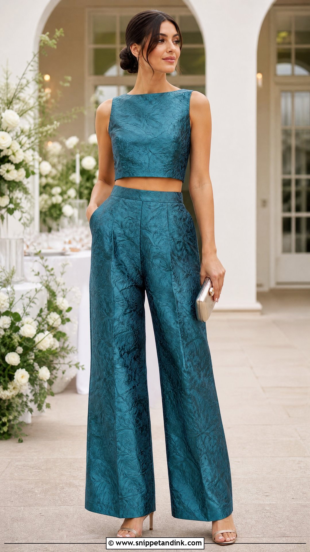 Jacquard Top With Matching Pants Wedding Outfit - Snippet and Ink - 20 dressy tops for a wedding outfit ideas
