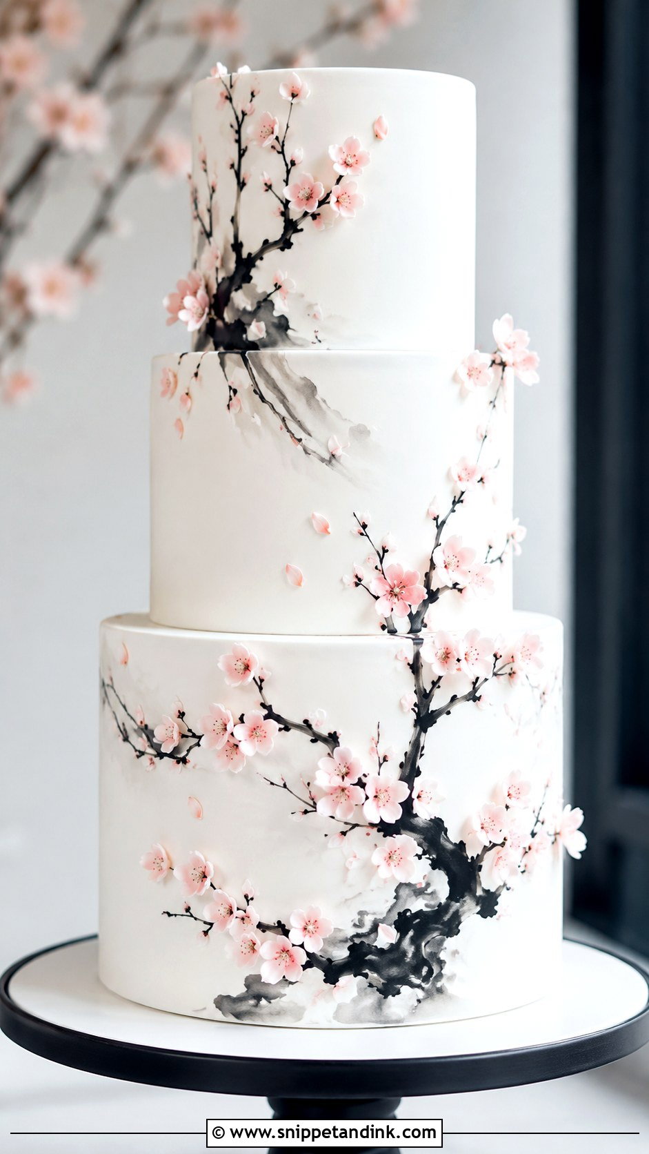 Japanese Cherry Blossom Wedding Cake With Black Ink Style - Snippet and Ink - 20 Japanese Cherry Blossom Wedding Cake Ideas