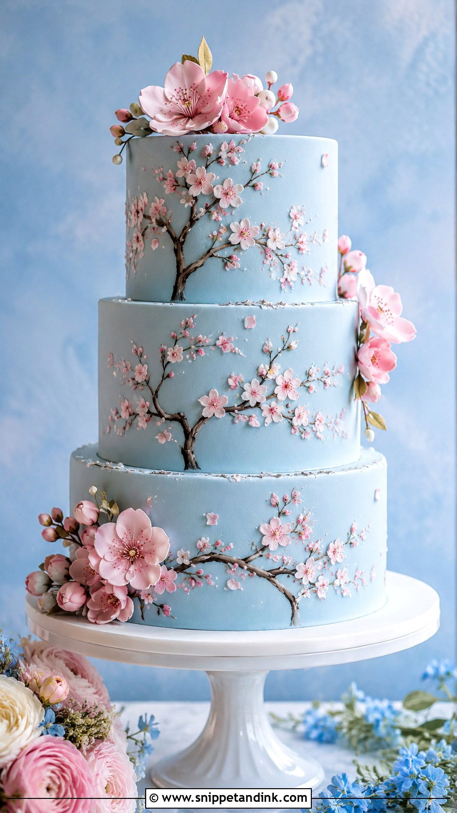 Japanese Cherry Blossom Wedding Cake With Blue Background - Snippet and Ink - 20 Japanese Cherry Blossom Wedding Cake Ideas