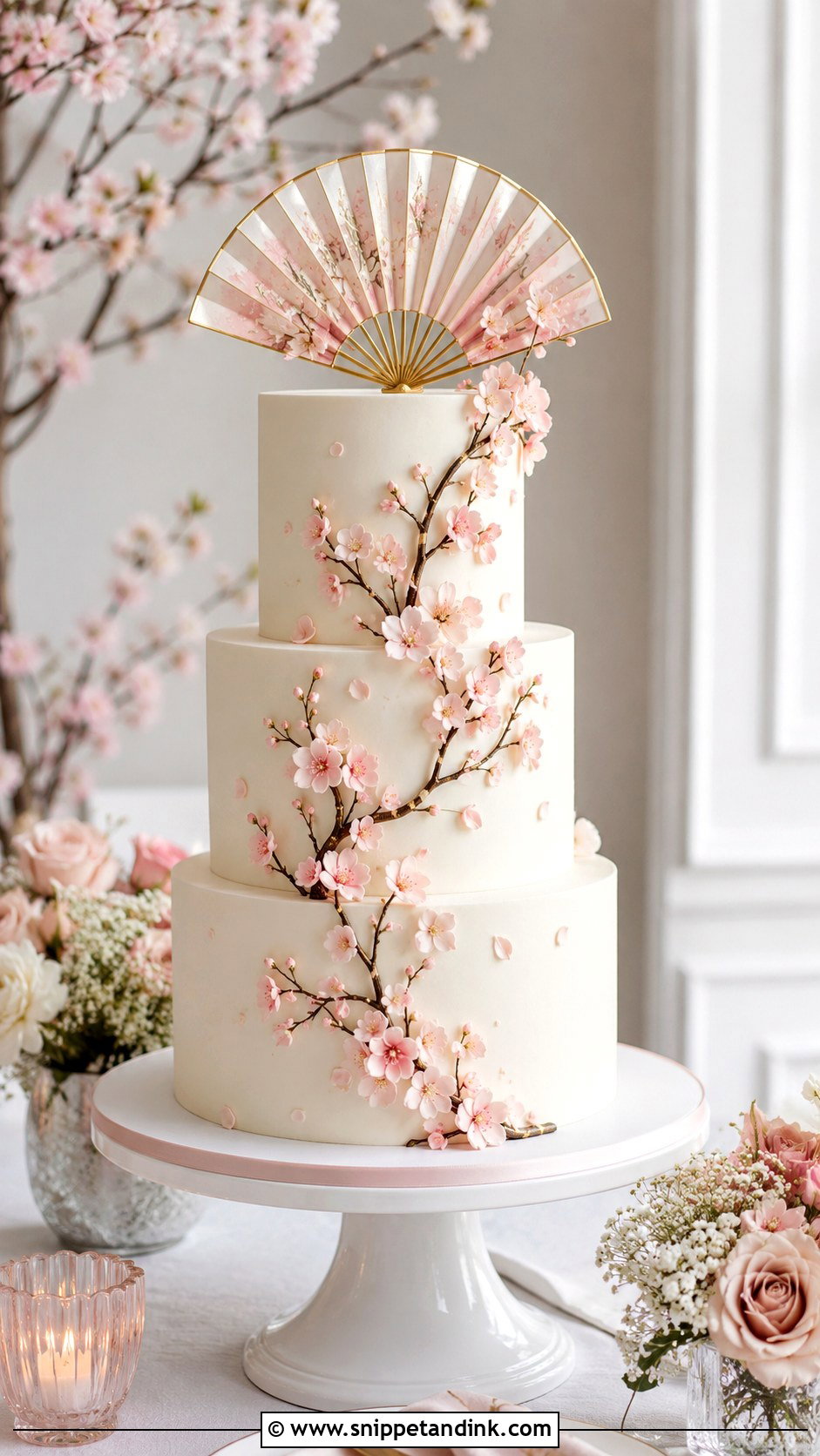 Japanese Cherry Blossom Wedding Cake With Fan Topper - Snippet and Ink - 20 Japanese Cherry Blossom Wedding Cake Ideas