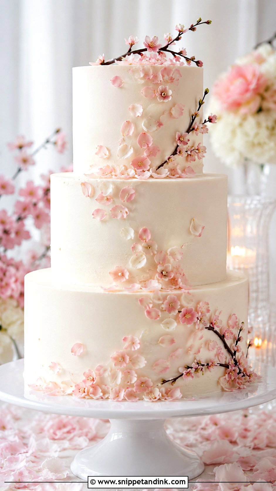 Japanese Cherry Blossom Wedding Cake With Floating Petals - Snippet and Ink - 20 Japanese Cherry Blossom Wedding Cake Ideas