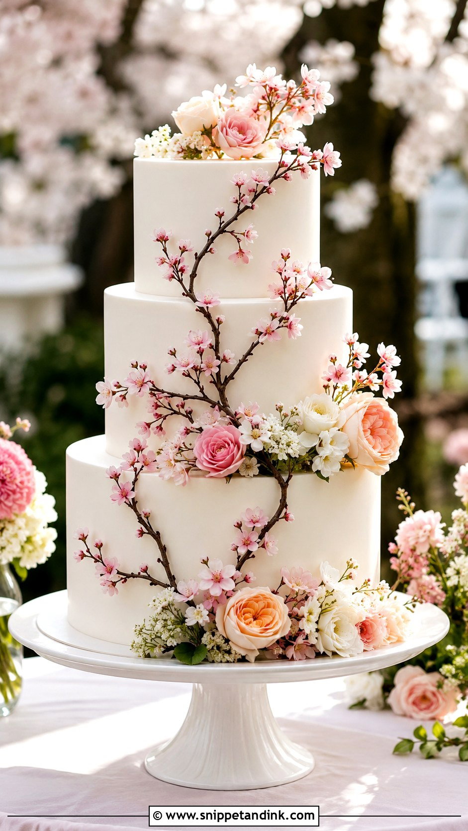 Japanese Cherry Blossom Wedding Cake With Garden Flowers - Snippet and Ink - 20 Japanese Cherry Blossom Wedding Cake Ideas