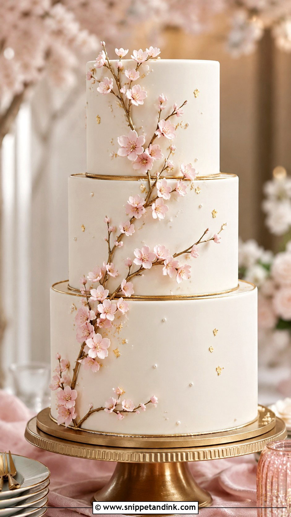 Japanese Cherry Blossom Wedding Cake With Gold Accents - Snippet and Ink - 20 Japanese Cherry Blossom Wedding Cake Ideas