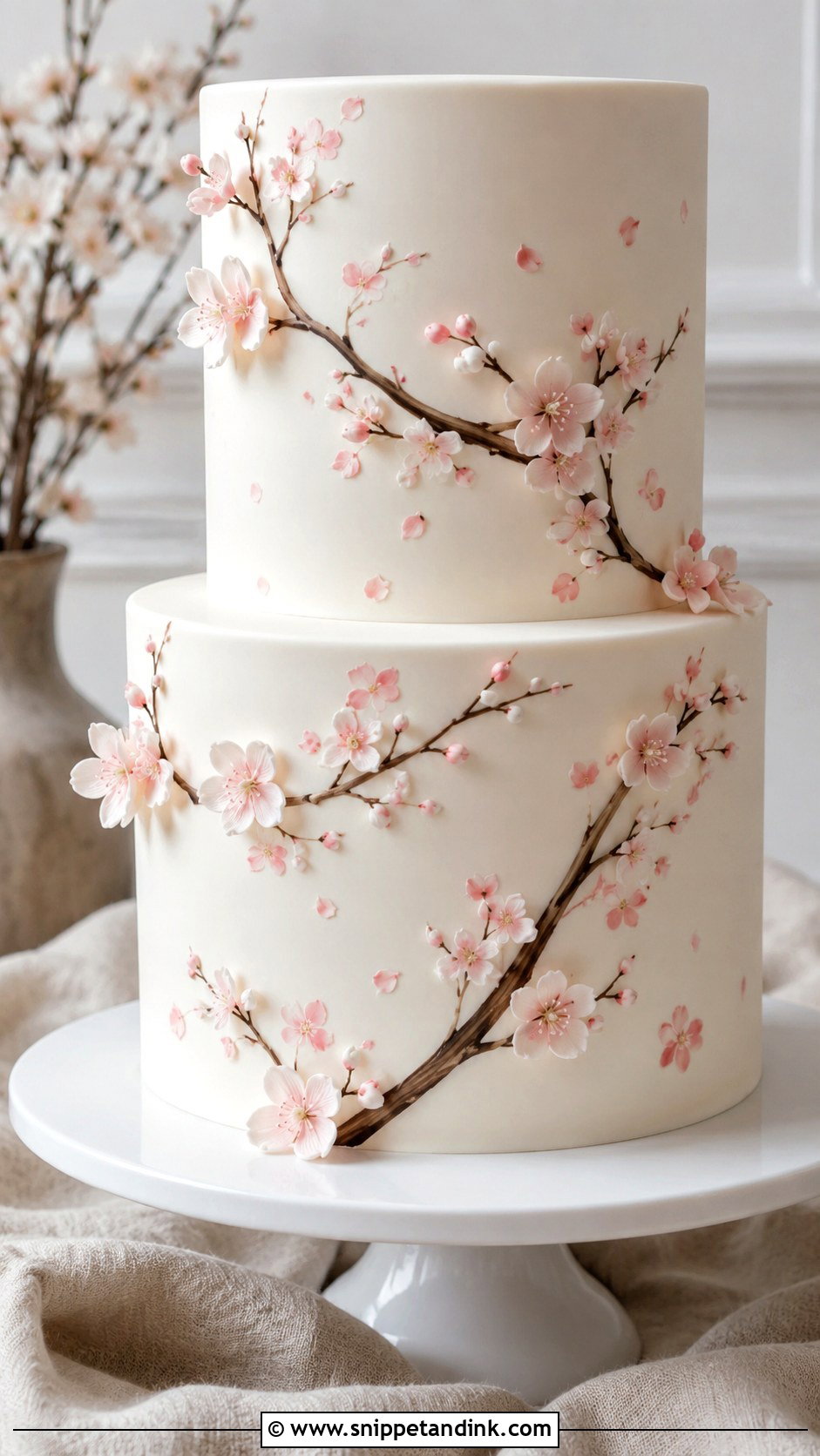 Japanese Cherry Blossom Wedding Cake With Hand Painted Branches - Snippet and Ink - 20 Japanese Cherry Blossom Wedding Cake Ideas