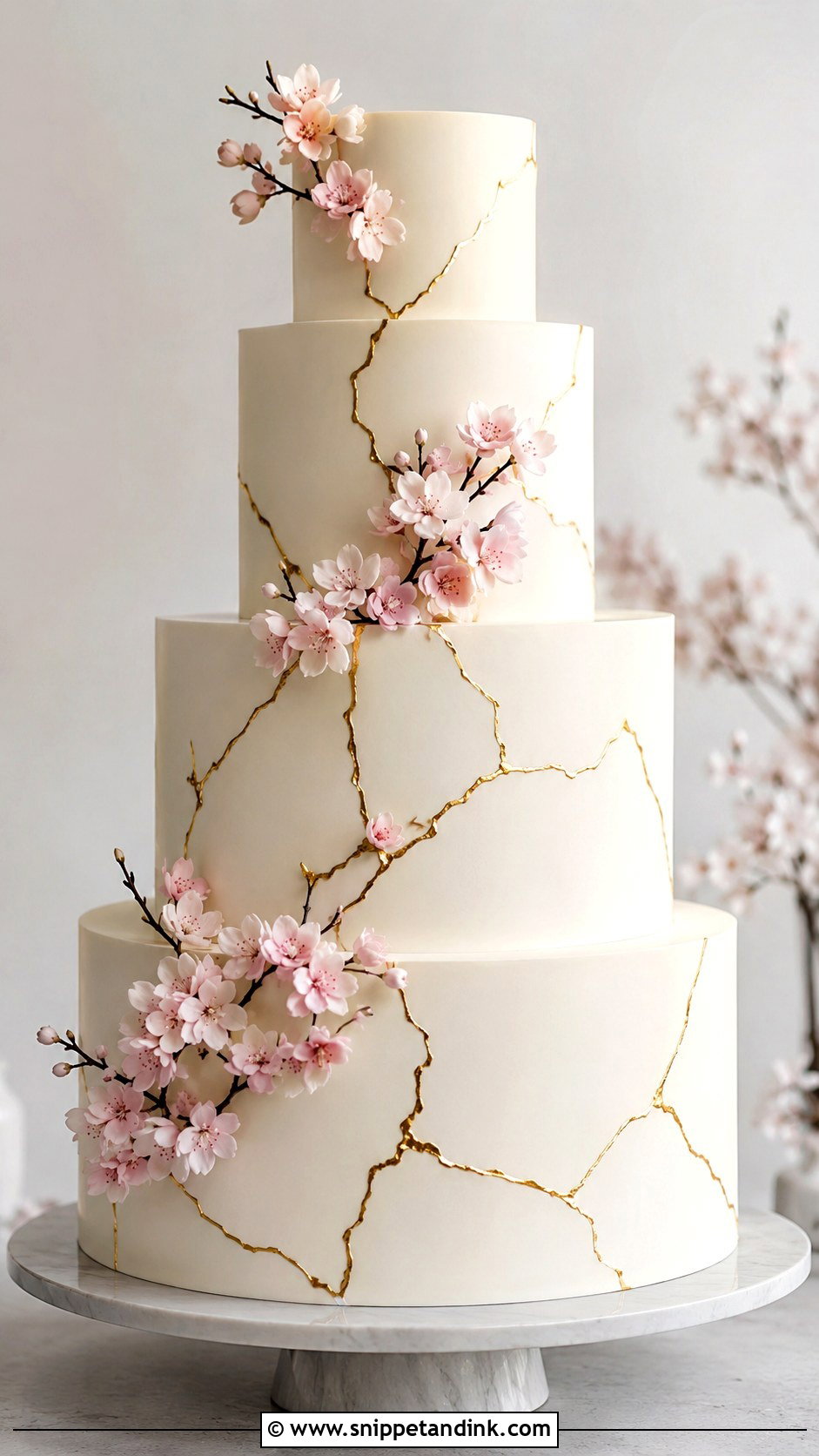 Japanese Cherry Blossom Wedding Cake With Kintsugi Lines - Snippet and Ink - 20 Japanese Cherry Blossom Wedding Cake Ideas