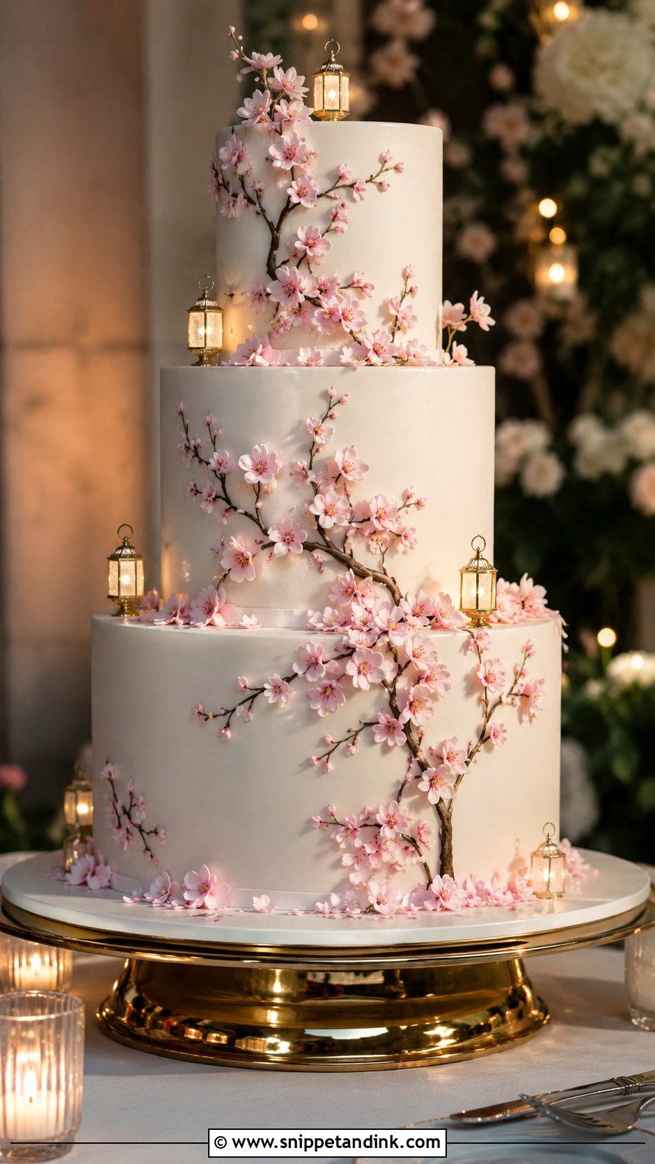 Japanese Cherry Blossom Wedding Cake With Lantern Details - Snippet and Ink - 20 Japanese Cherry Blossom Wedding Cake Ideas