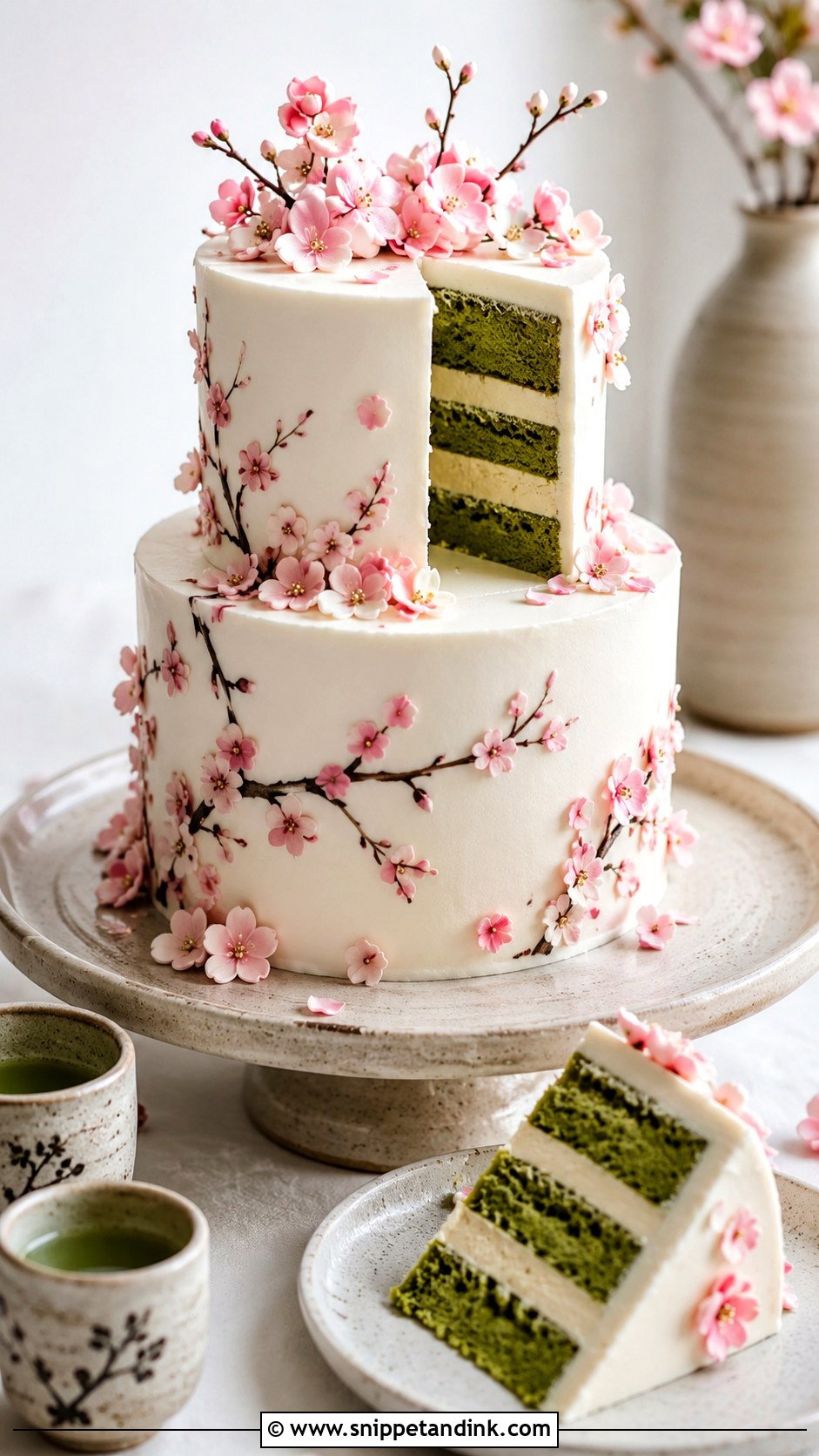 Japanese Cherry Blossom Wedding Cake With Matcha Layers - Snippet and Ink - 20 Japanese Cherry Blossom Wedding Cake Ideas