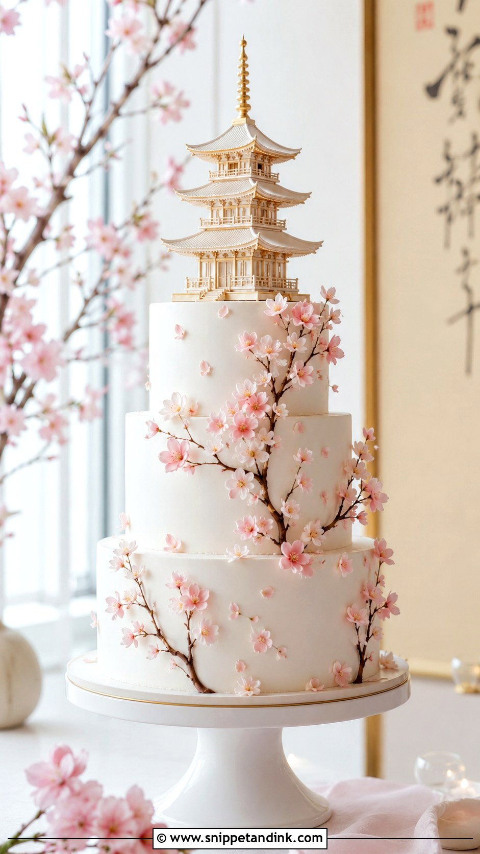 Japanese Cherry Blossom Wedding Cake With Pagoda Topper - Snippet and Ink - 20 Japanese Cherry Blossom Wedding Cake Ideas